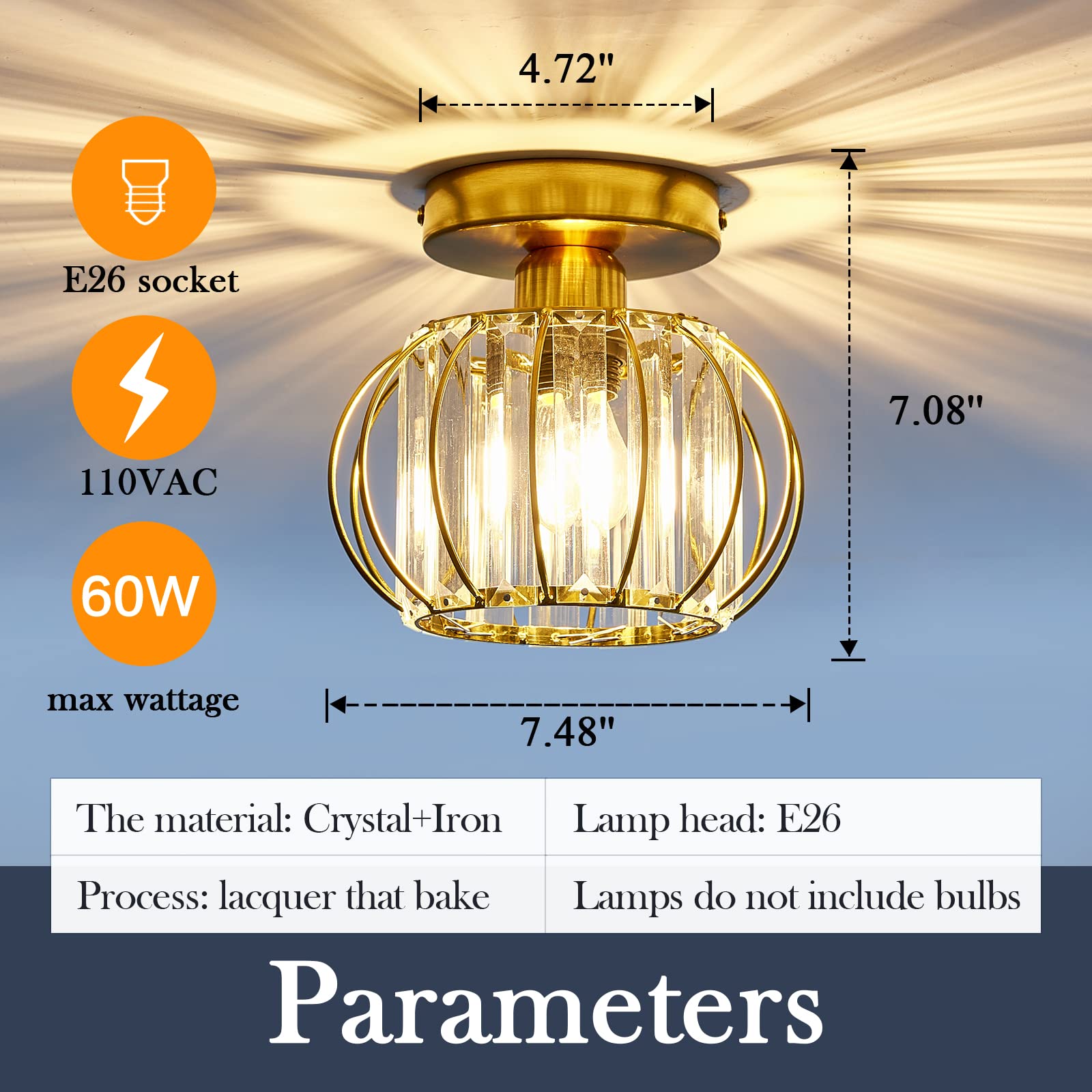 Yyjlx Crystal Semi Flush Mount Ceiling Light Fixture E26 Mini Antique Gold Chandelier Small Ceiling Lamp For Entryway Bedroom Ba
