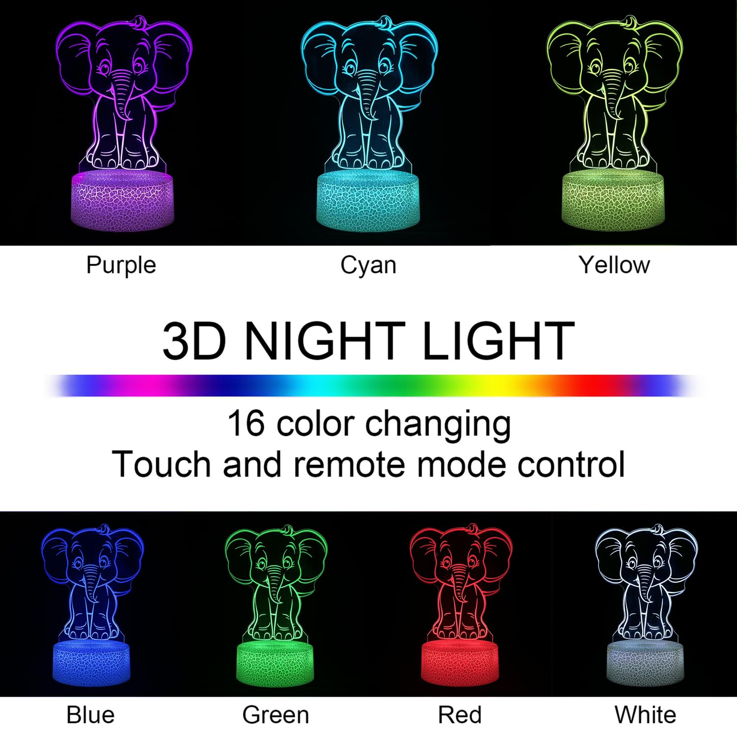 I-Chony Elephant Night Light For Kids,16 Colors Dimmable Cute Animal Lamp With Remote,Smart Touch,Usb Cable,Room Decor Lamp,Elep
