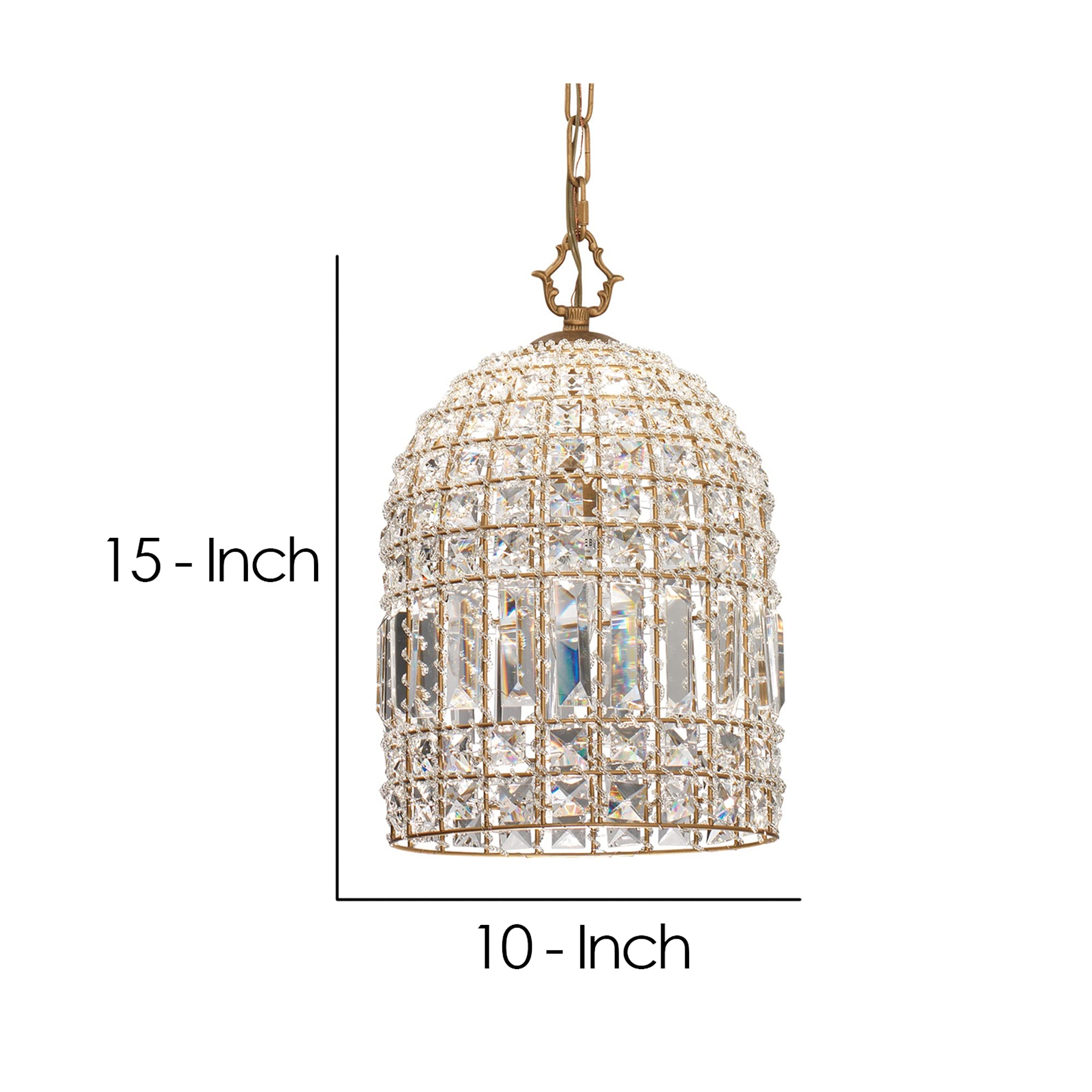 Benjara Light Pendant Chandelier With Dome Metal Frame And Crystal Accents, Gold