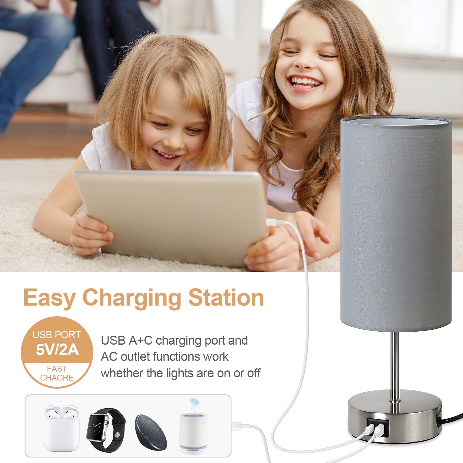 Yarra-Decor USB & AC Outlet Touch Control Table Lamp, 3-Way Dimmable with Grey Shade - Perfect for Bedroom, Home Office, Dorm (Bulb Included)