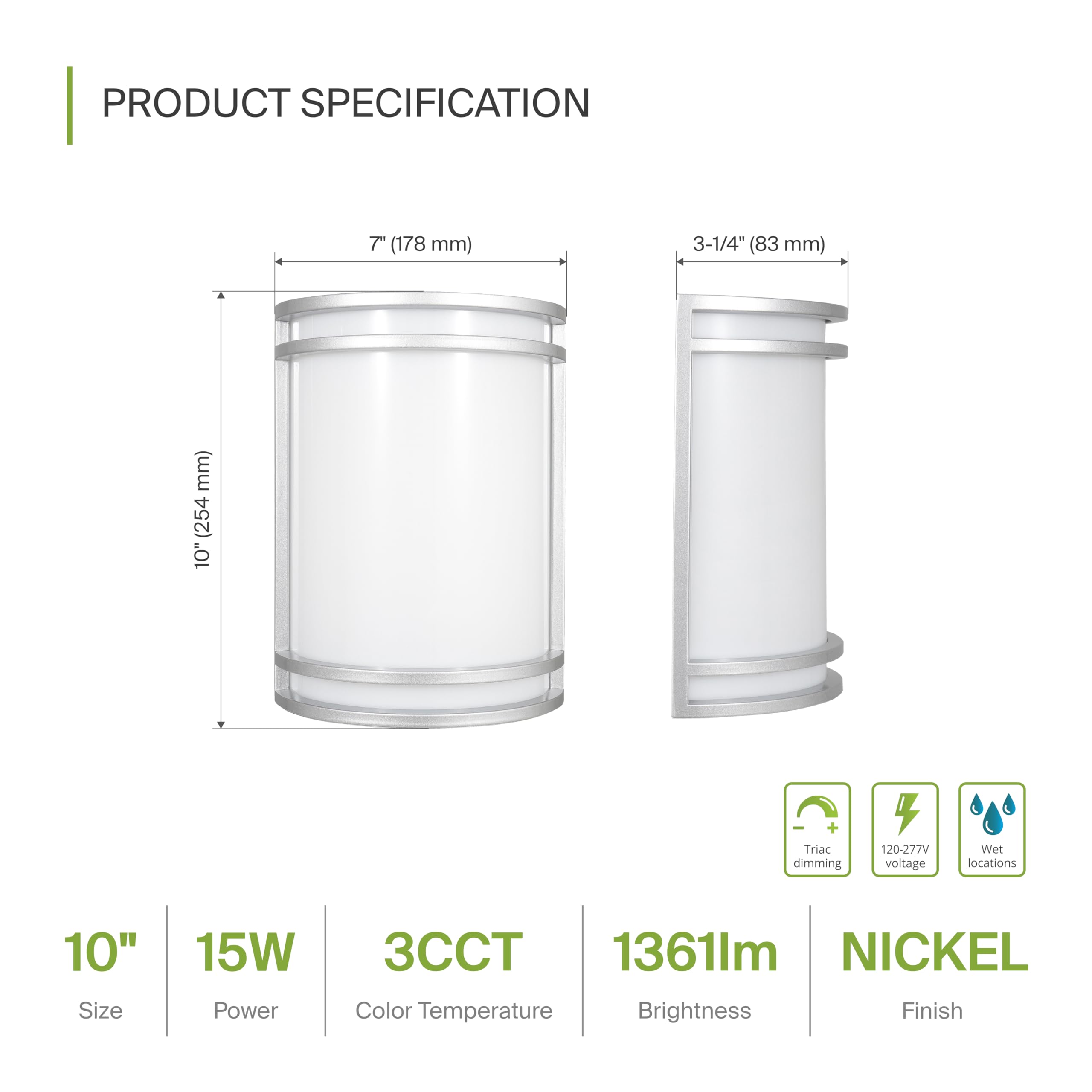 ASD 10 Inch LED Outdoor Wall Mount Light Fixture - Brushed Nickel Modern Wall Sconce Lighting - 120-277V 15W 3000/4000/5000K Adj