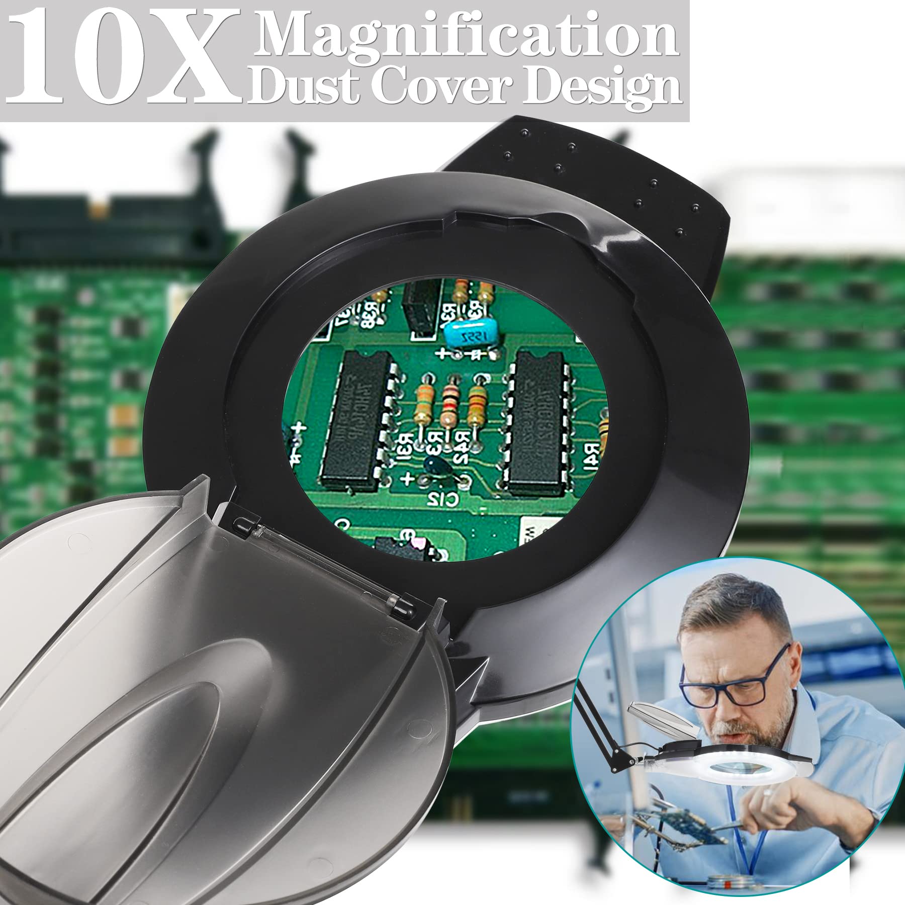 ADDIE KIRKAS 10X LED Magnifying Lamp, 2200 Lumens Dimmable, Adjustable Arm, Black