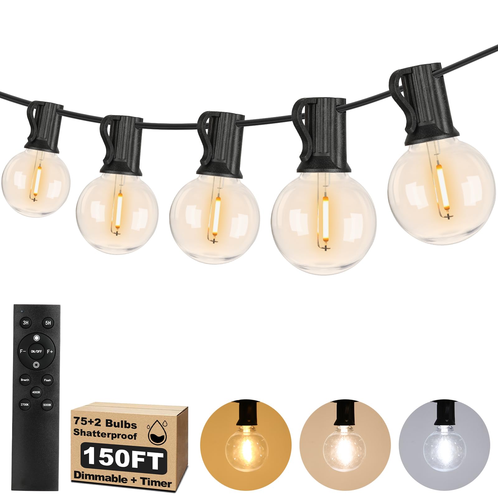 Bosceos LED Outdoor String Lights, Dimmable 150FT, 3 Color Options, Waterproof G40 Globe, Black, Model CMPC-O25XA, 75+2 Bulbs