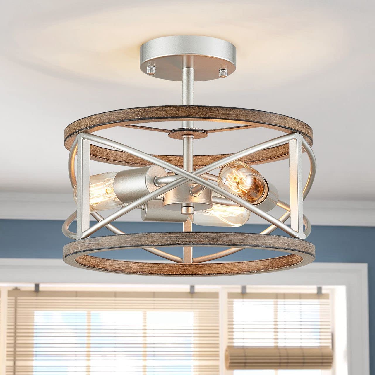 WUZUPS Chandelier 3-Light Vintage Farmhouse Industrial Imitation Wood Grain Semi-Flush Mount Ceiling Light Lighting Fixture for 