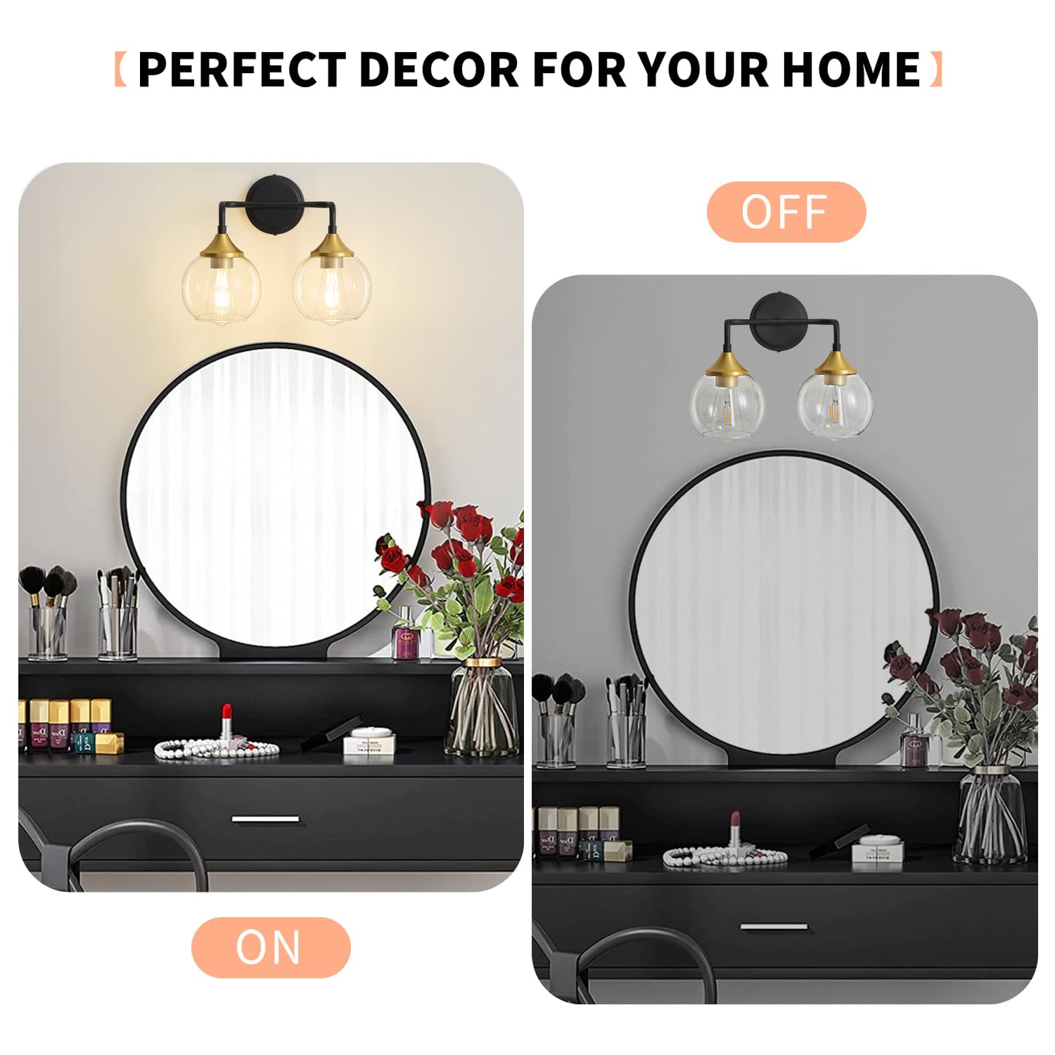 Gednbo 2-Light Bathroom Vanity Light, Black and Gold, Metal, Clear Glass Shade, Model G1796, E26 Base, 14 Inch