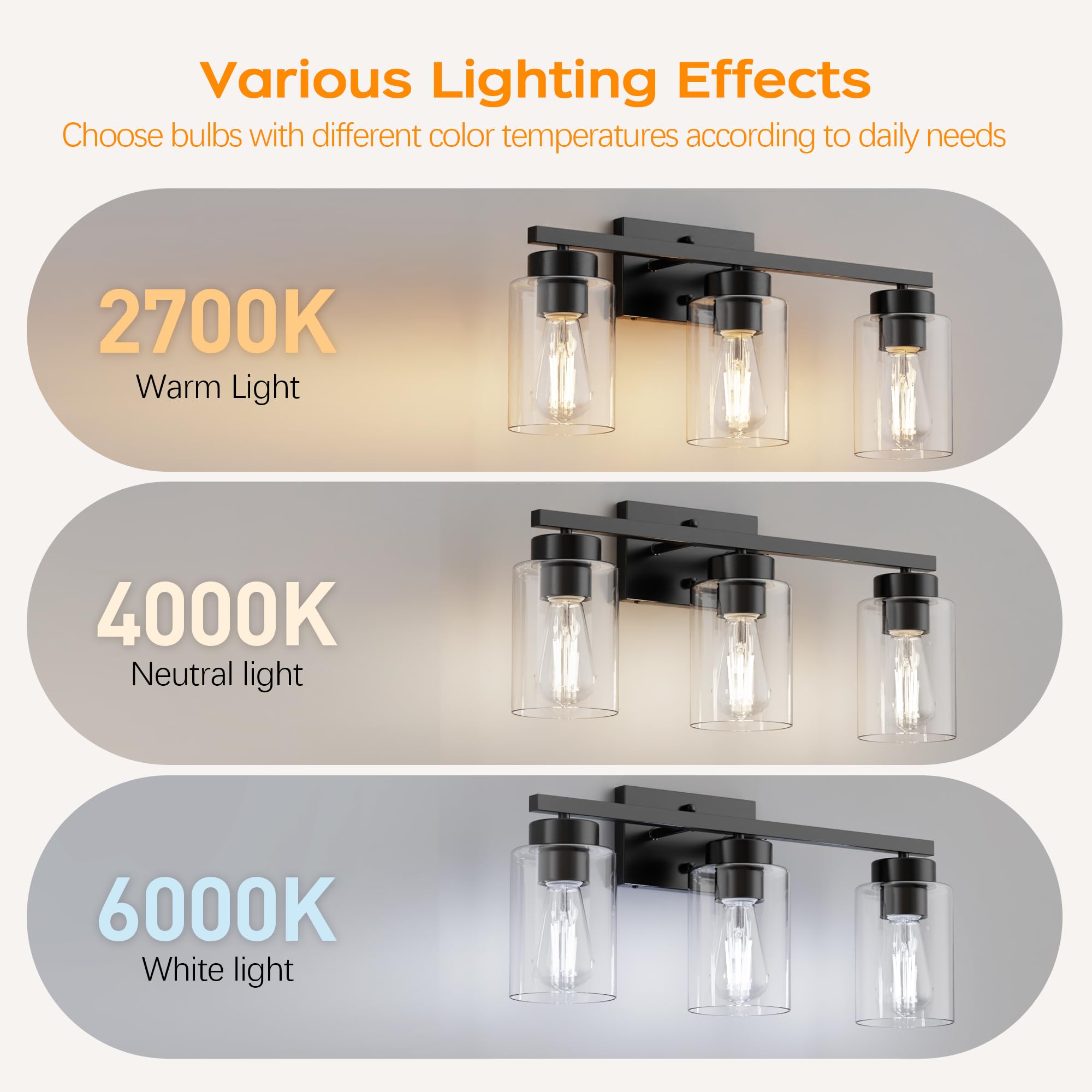 Partphoner 3-Light Bathroom Light Fixtures  Matte Black Vanity Light With Clear Glass Shade  Modern Wall Sconce For Mirror Bedroom Living Room Hallway Lighting