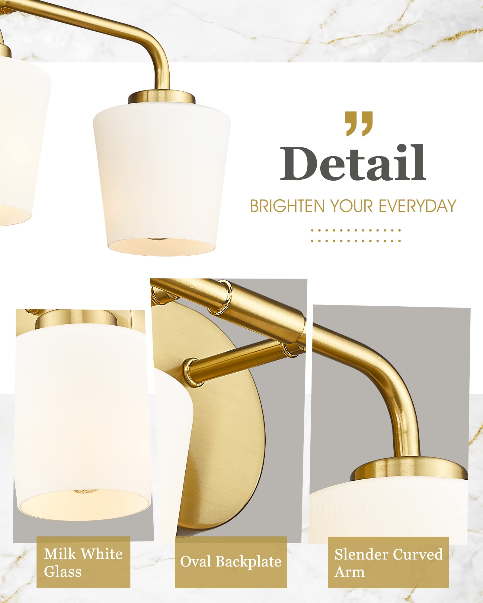 Audickic 3-Light Brushed Gold Bathroom Vanity Light with Milk White Glass Sconces, Farmhouse Style, AD-22004-3W-GD