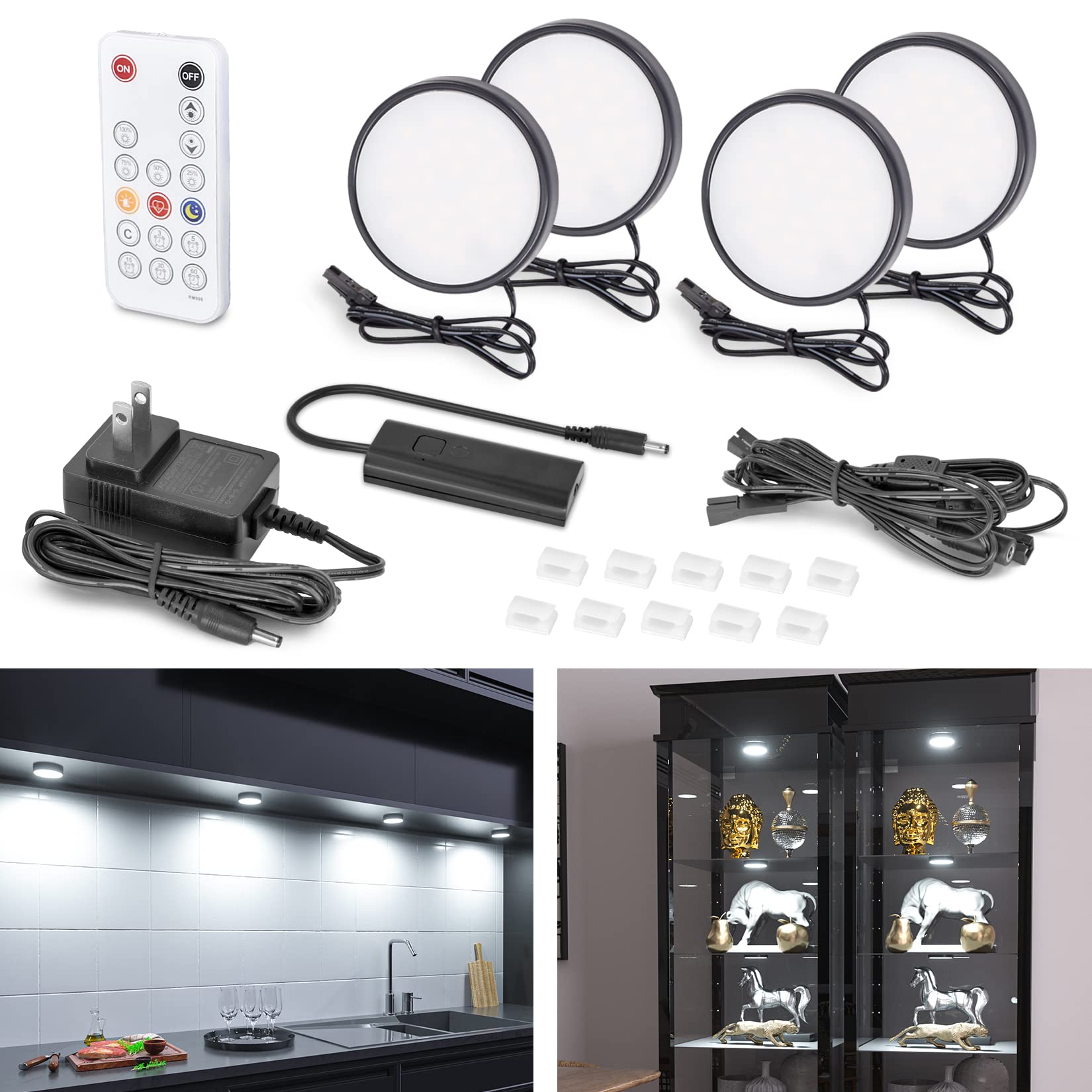 Wobane Led Cabinet Puck Lighting Kit, 4 Super Bright Puck Lights, 9W 700Lumens, Remote Control, Dimmable Counter Lighting For Ki