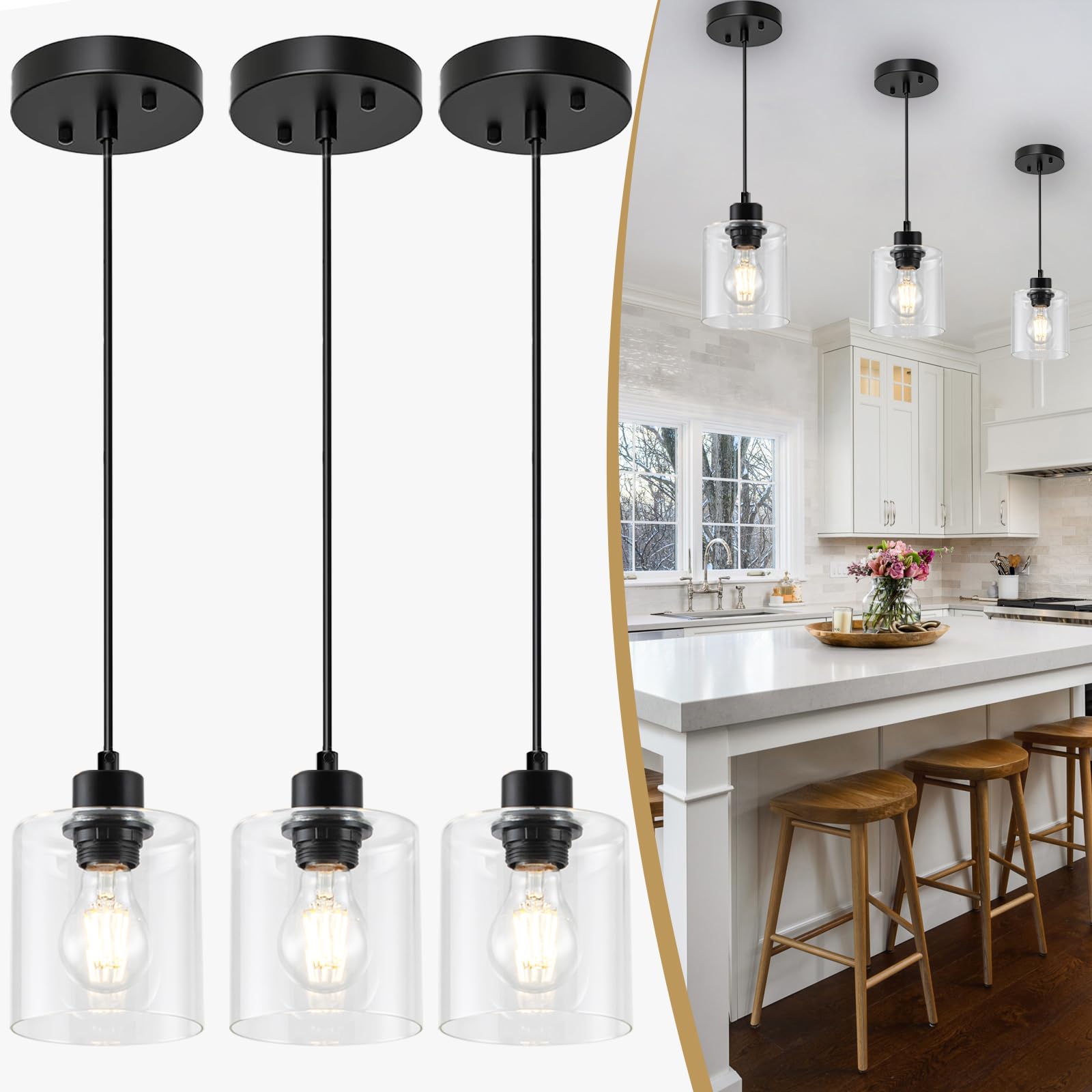 Capaaobc 1 Light Hanging Pendant Light Fixtures  Adjustable Black Pendant Lights Kitchen Island  Modern Farmhouse Light Fixtures for Dining Room  Clear Glass Shade  E26 Base  3 Packs