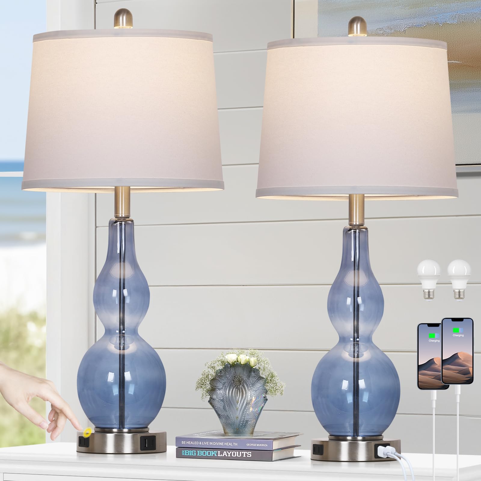 Rinweey 27.5 Coastal Blue Glass Double Gourd Table Lamp Set of 2,3-Way Dimmable Touch Control Bedside Lamps with USB Ports and A