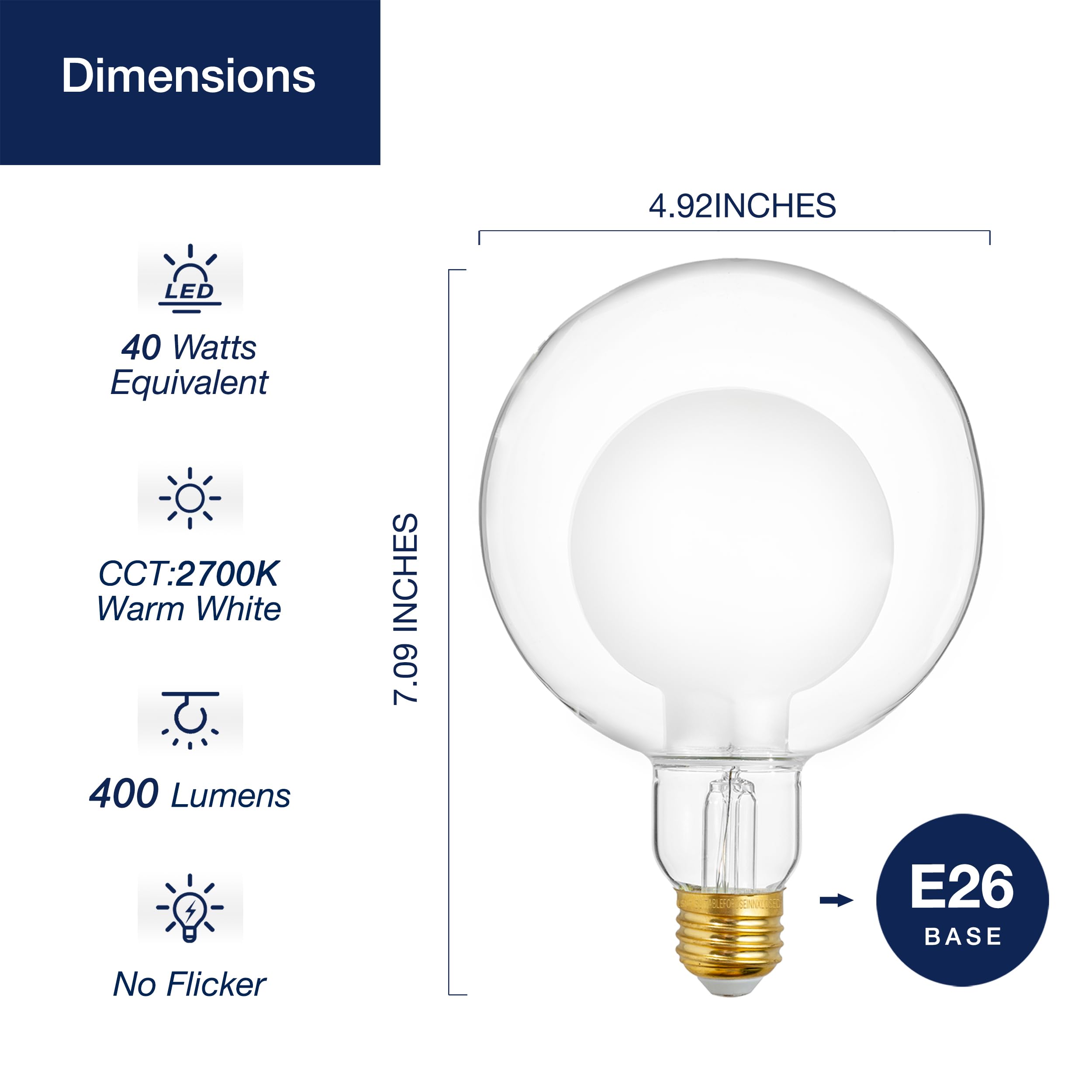 Flsnt Globe Led Large Edison Bulbs, 2700K Soft White, Dimmable, 7W(40W Equivalent), 400Lm, E26 Base, Cri90, Frosted Glass, G125