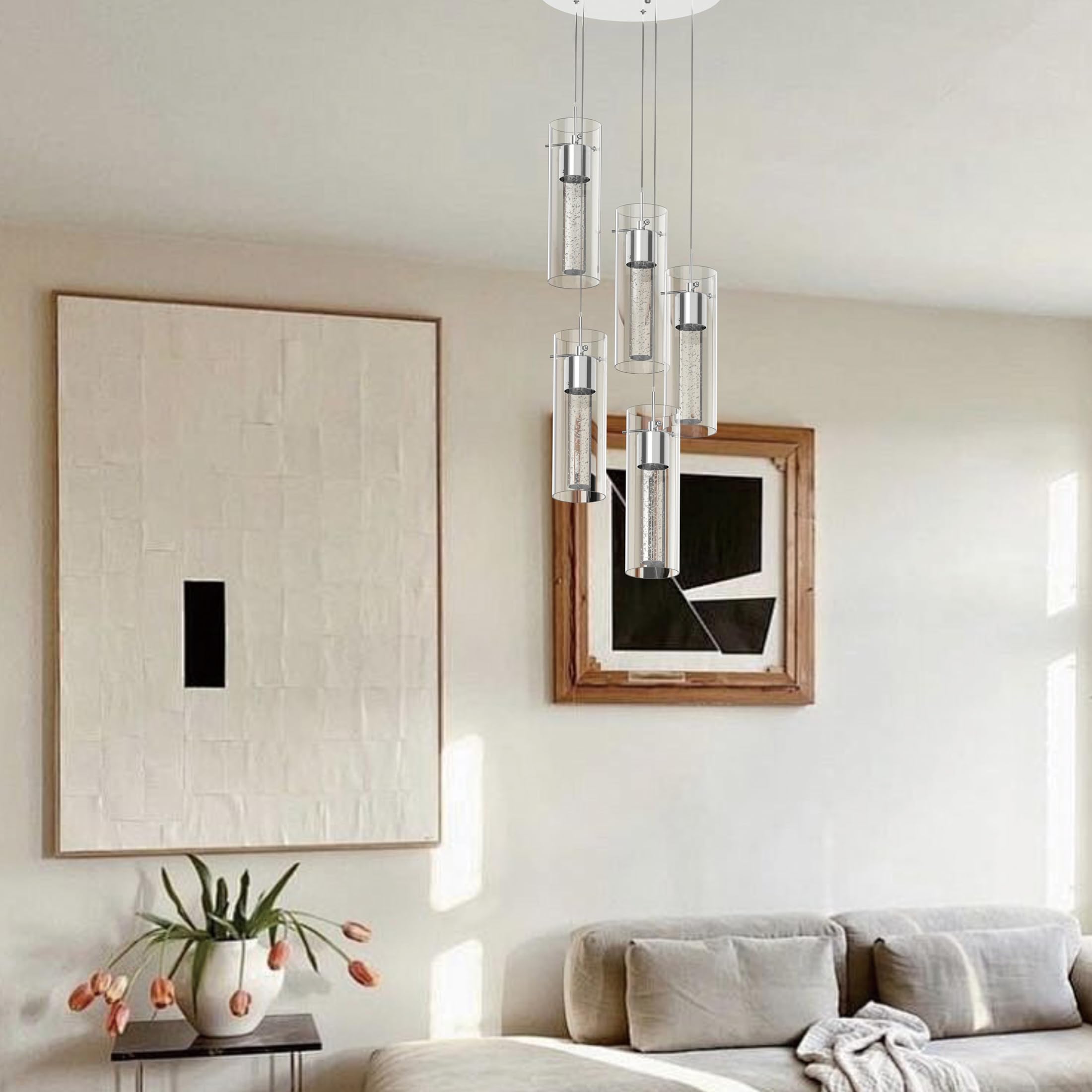 Tawson 5-Light Chandelier Pendant Ceiling Light, Integrated LED, Bubble Glass, Silver, Model 12730, Ideal for Kitchen, Hallway, Dining Room