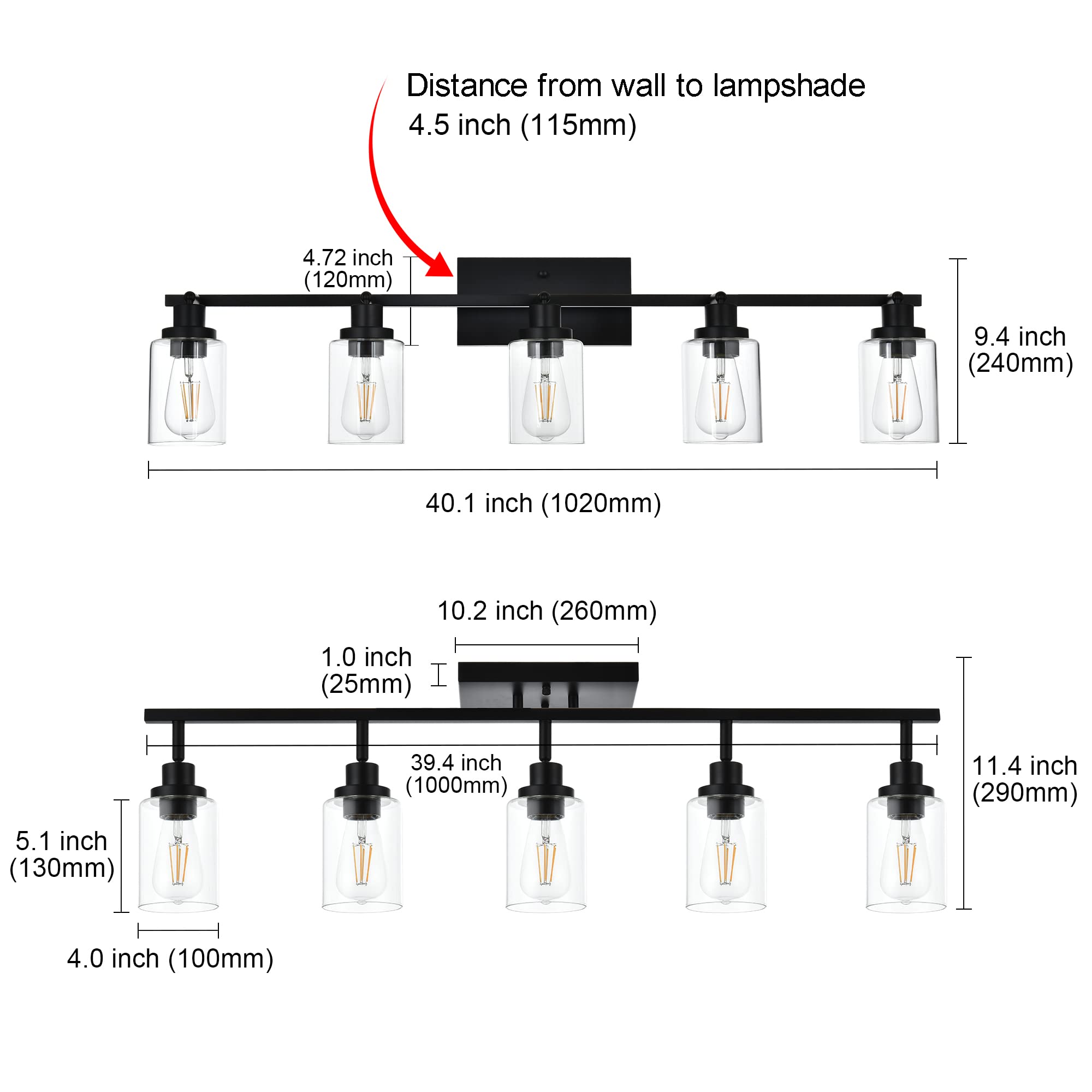 Melucee 5 Light Vanity Lights For Bathroom With Rotatable Light Head, Black Ceiling Light Fixture With Clear Glass Shade, Modern