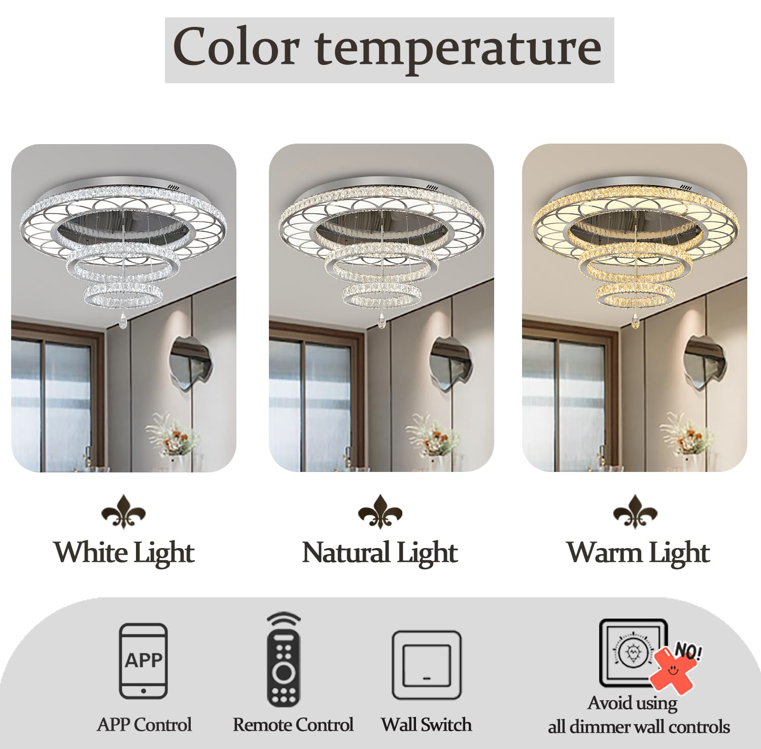 Flashing God 48" LED Chandelier - Silver Crystal Flush Mount Light for Living Room & Dining Room, Dimmable 2700K/4500K/6000K, Model MMQ