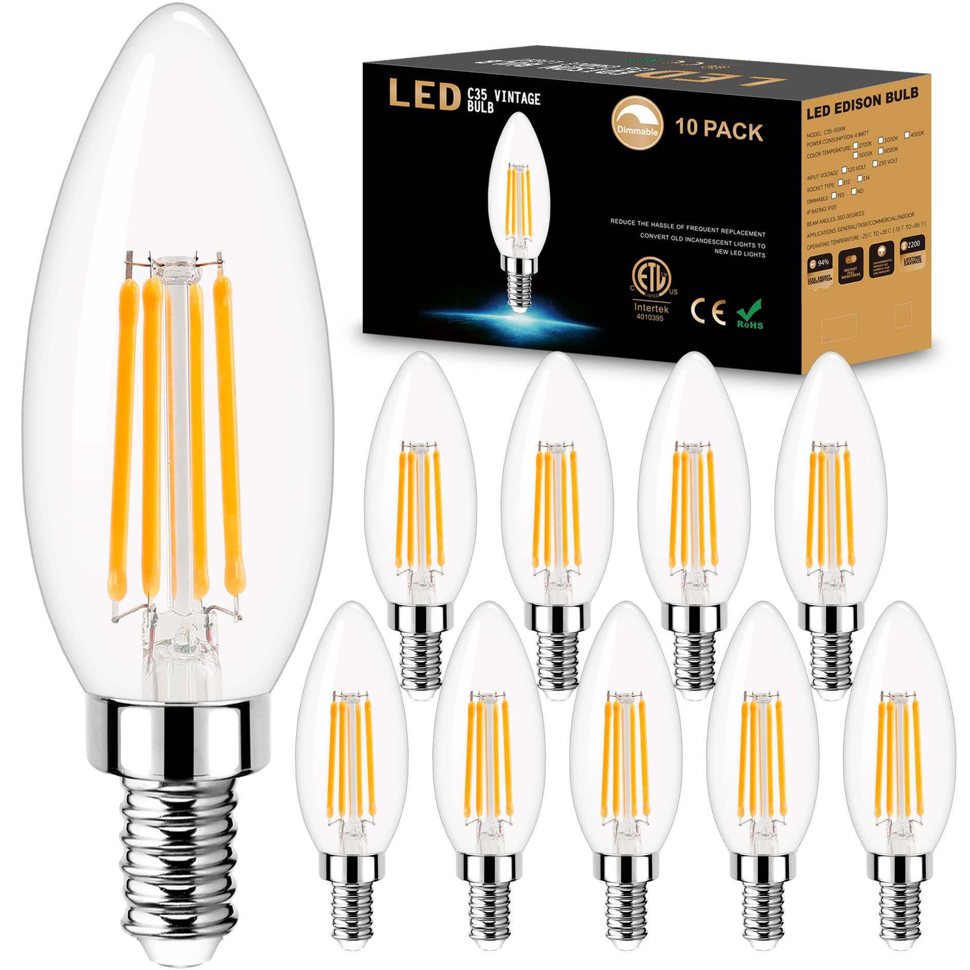 Dimmable Candelabra Led Light Bulb 40W Equivalent, E12 Chandelier Light Bulbs Warm White 3000K , 400Lm, Cri 85+, B11 Type B Ceil