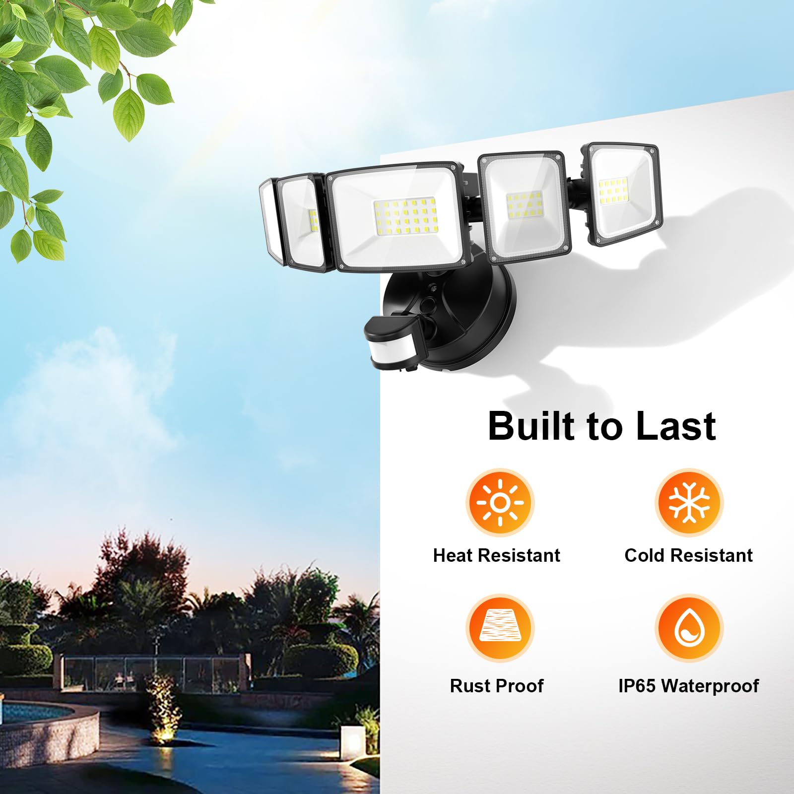 Onforu 5 Heads 55W LED Security Lights, Motion Sensor, 5000LM, IP65 Waterproof, Black, Standard Size, Model BDBS55G-5