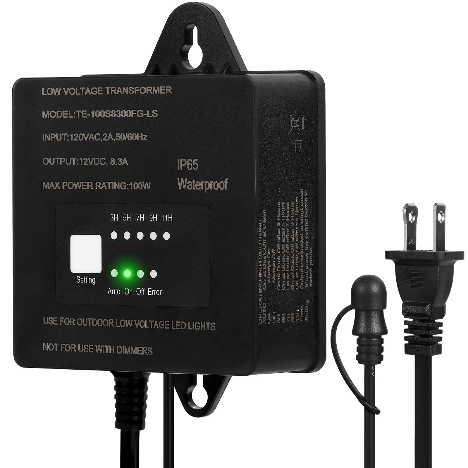 100W Low Voltage Landscape Transformer,Waterproof Low Voltage Transformer with Timer and Photocell Sensor,120V AC to 12V DC Land