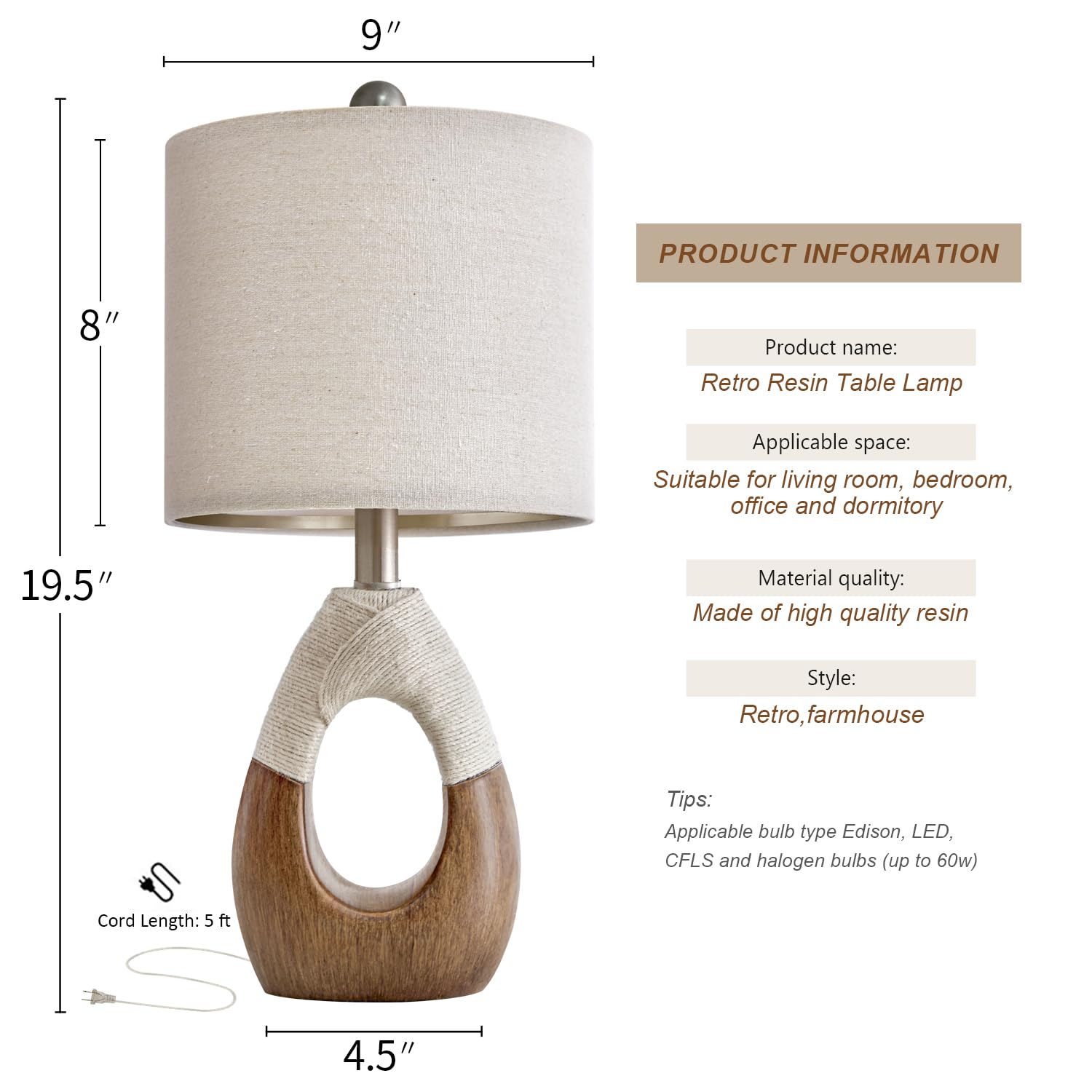 OYEARS Boho Table Lamps Set of 2, 19" Rustic Egg Design, Brown Rattan, Ideal for Small Spaces, Nightstand Bedside Lighting, Model AMZ-T1085WO