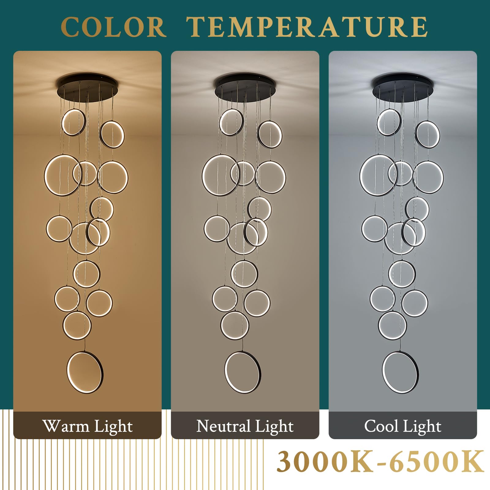 Sparklelf 14 Rings Modern Led Chandelier For High Ceiling Dimmable Black Contemporary Foyer Long Chandelier For Entryway, Long P