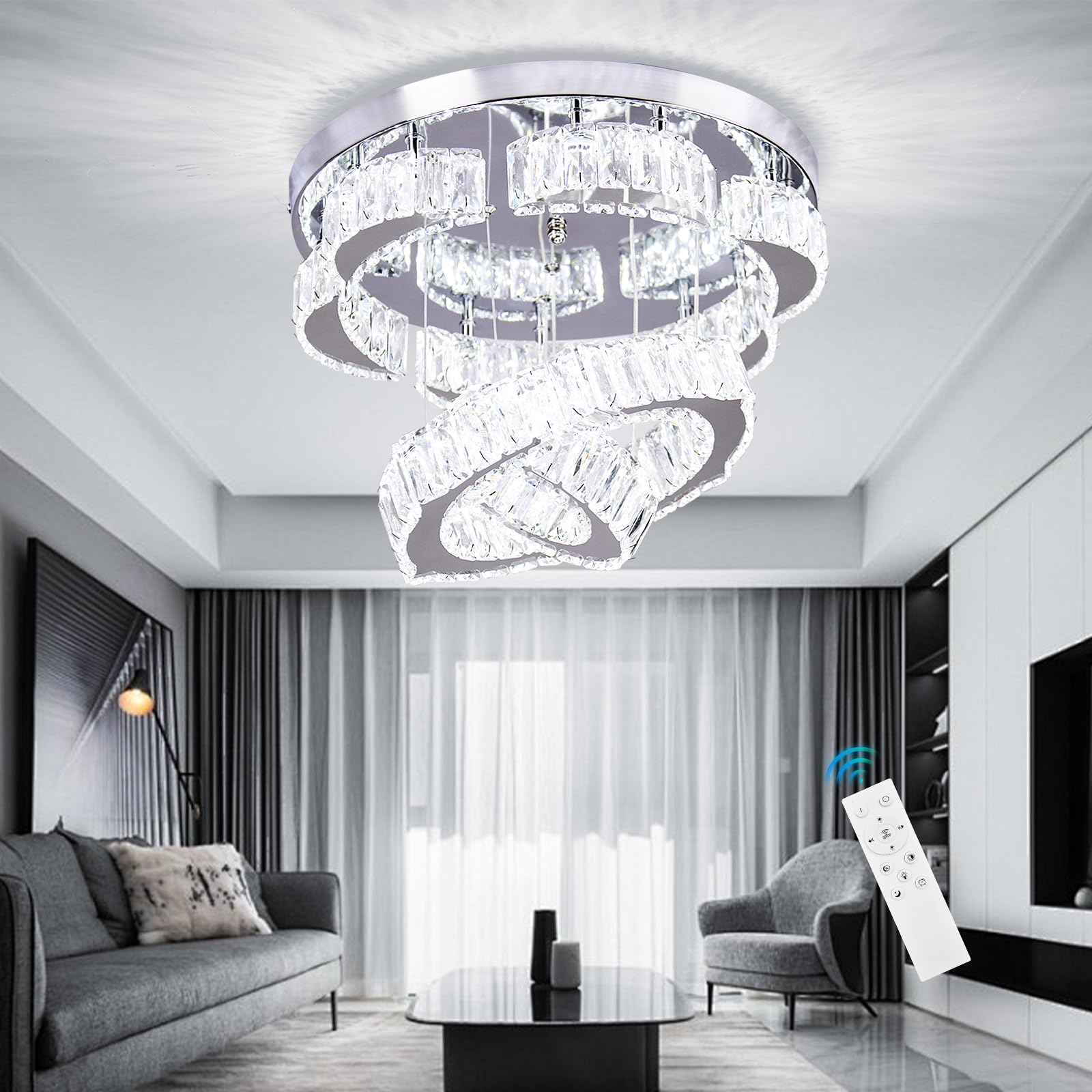 Xychfantligh 15.7'' Modern Crystal Chandelier 2 Rings Round Flush Mount Ceiling Light Flower Led Dimmable Chandeliers For Bedroo