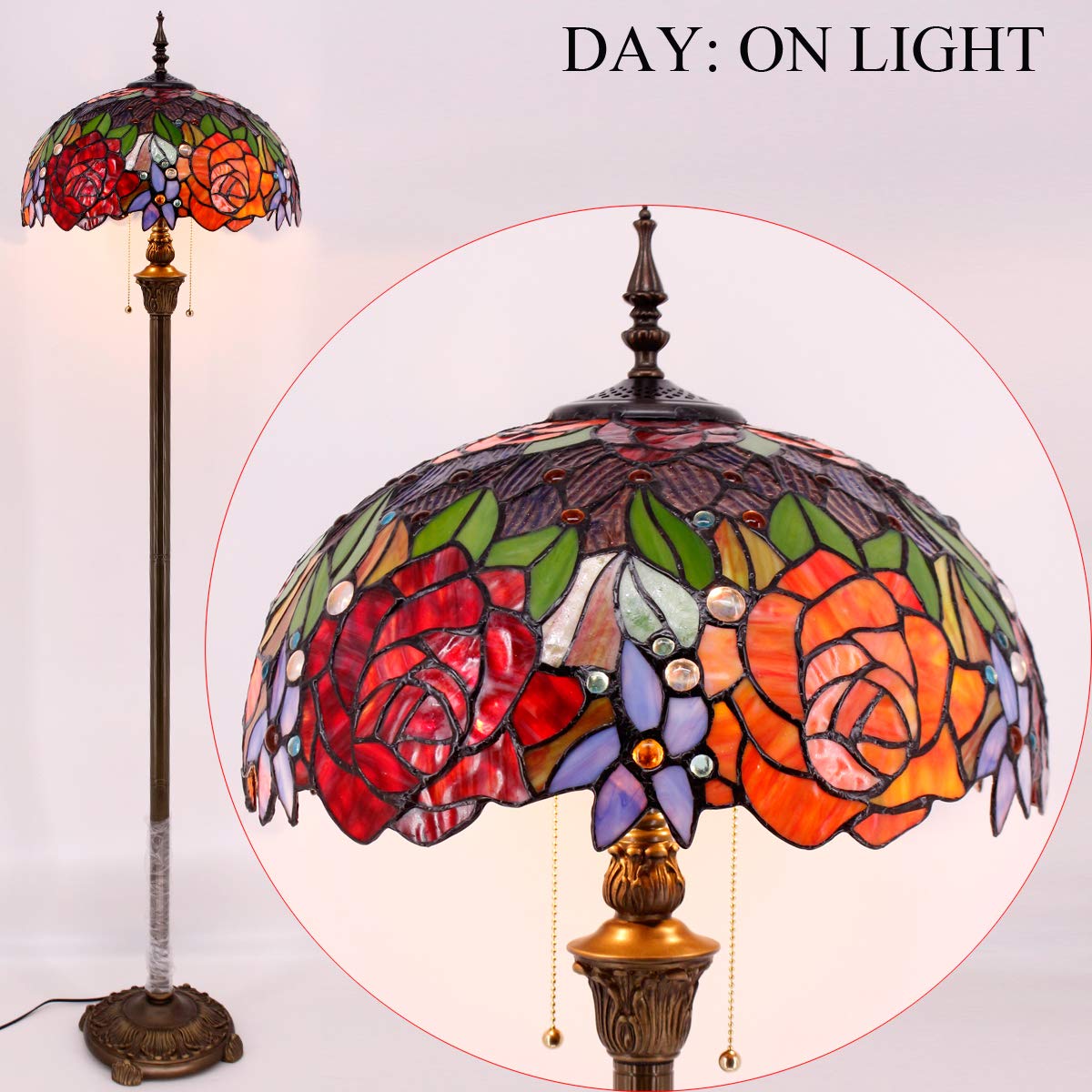 WERFACTORY Tiffany Floor Lamp, 16x16x64 Inches, Glass, Red Yellow Rose, Antique Style, Ideal for Bedroom, Living Room, Home Office
