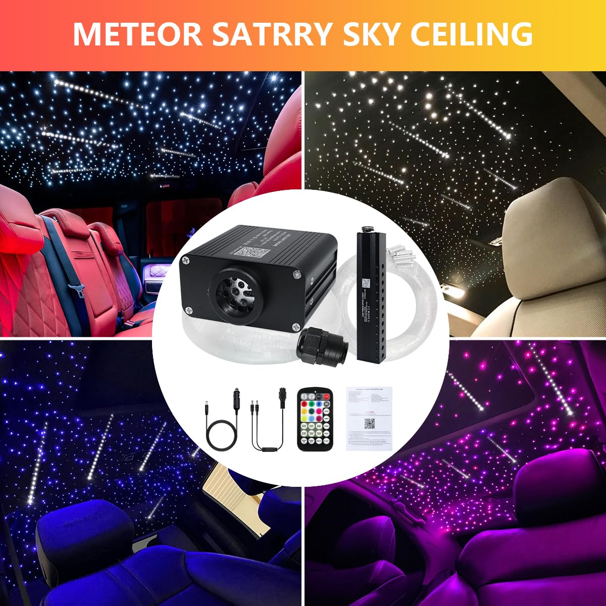 Car Starlight Headliner Kit, Shooting Stars + Twinkle + Sound Activate Rgbw Fiber Optic Lights With Bluetooth App & Remote Contr