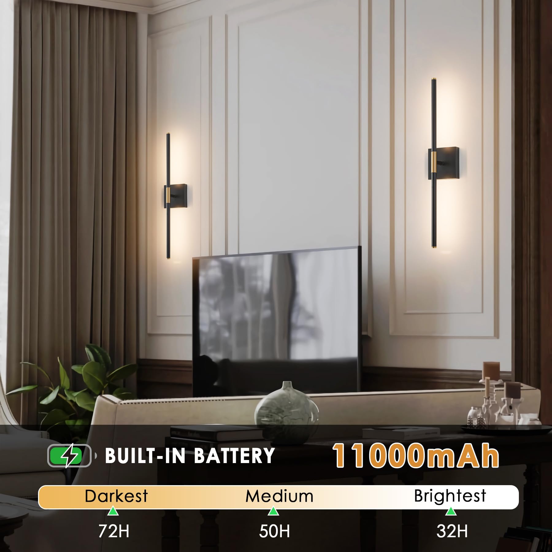 Gwoner Battery Operated Led Wall Sconces Set Of 2, 25'' Wireless Rechargeable Wall Lights With Remote Control, 3000K-6000K Stepl