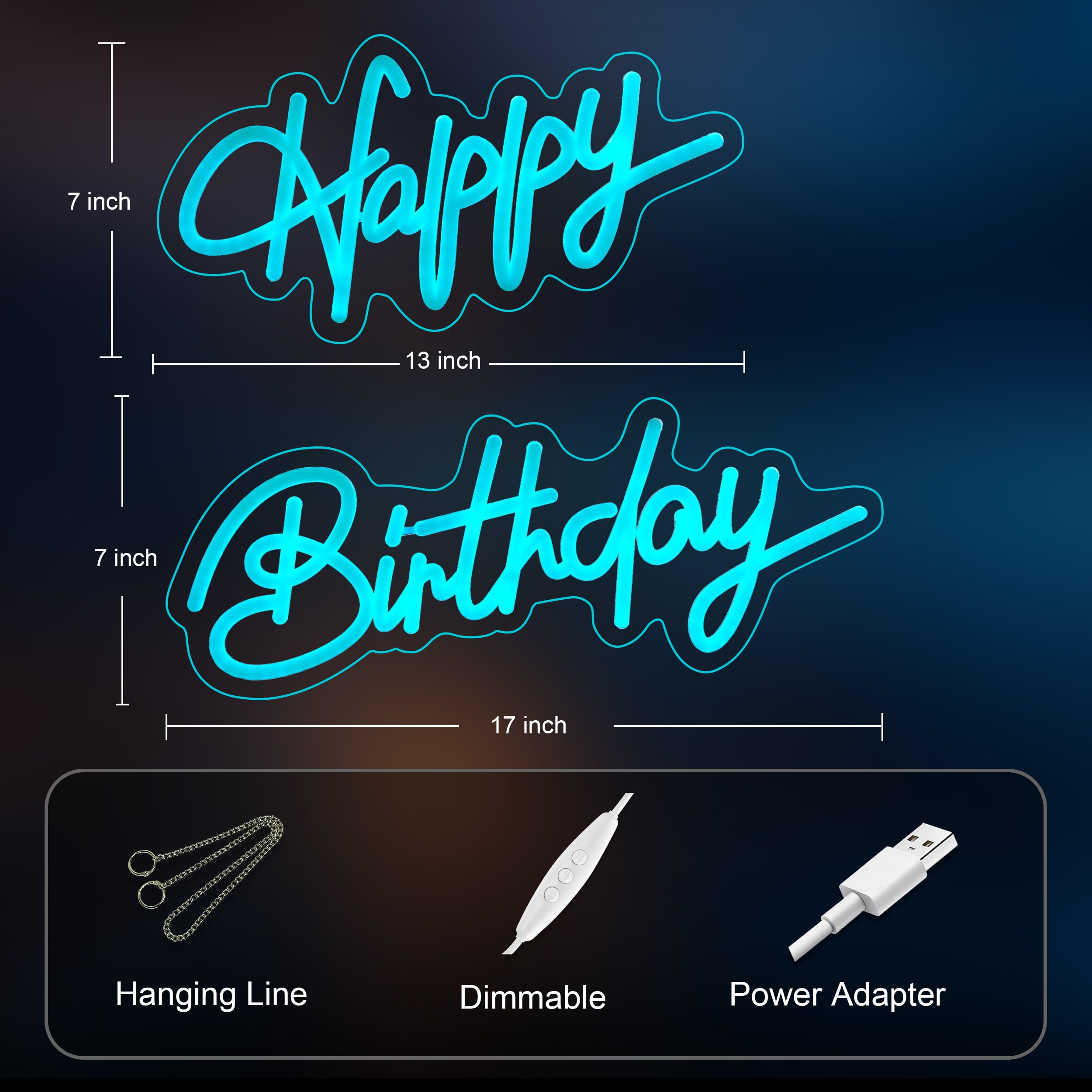 Liuisneo Happy Birthday Neon Sign,Innovative Integral Forming Process,With Dimmable Switch For All Holiday Party And Home Decoration,Total Length 28Inch,Blue