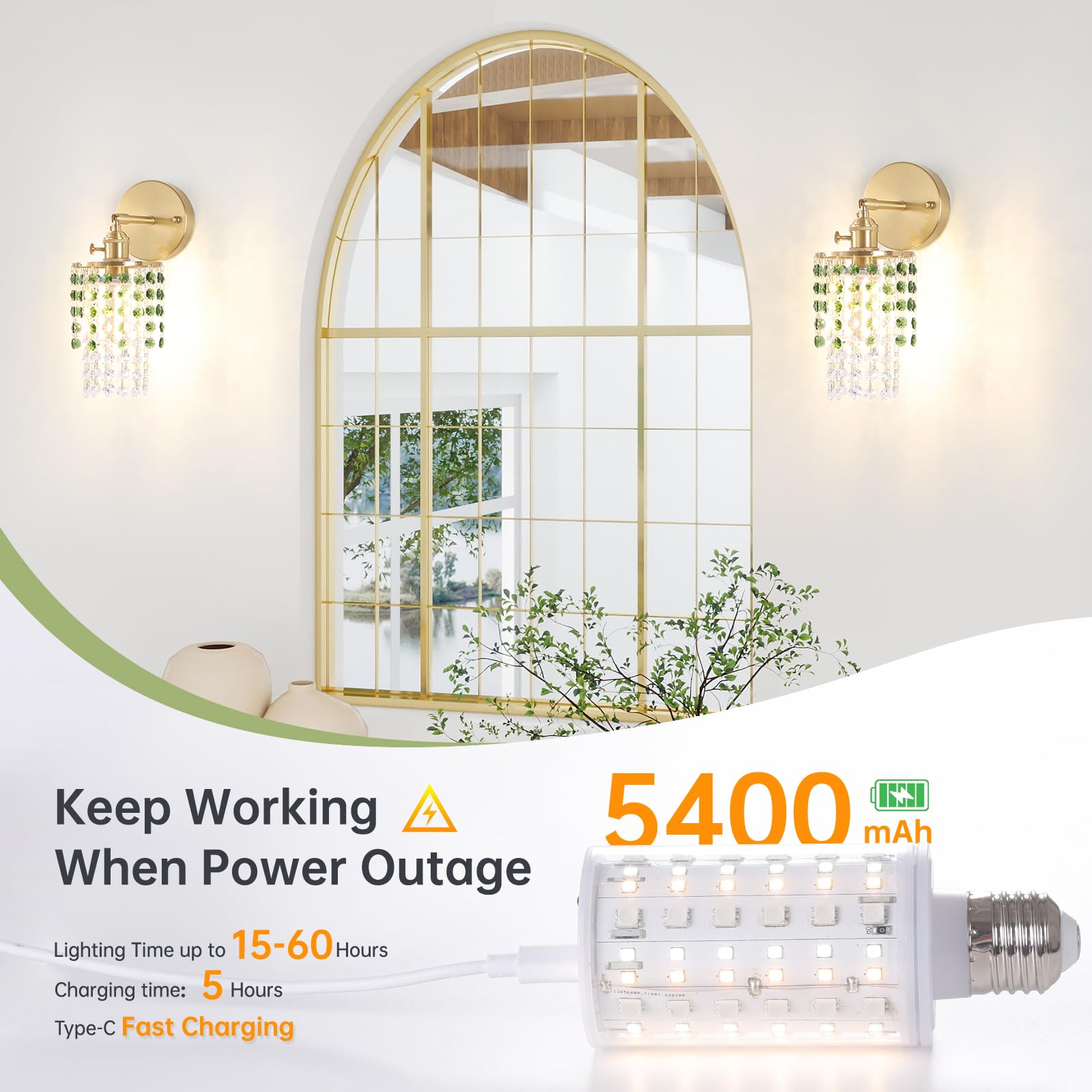 Shenmoyl Crystal Wall Sconce Set of 2, Rechargeable, Dimmable, 5400mAh Battery, Green-Gold Base, Modern Design for Bedroom & Bathroom