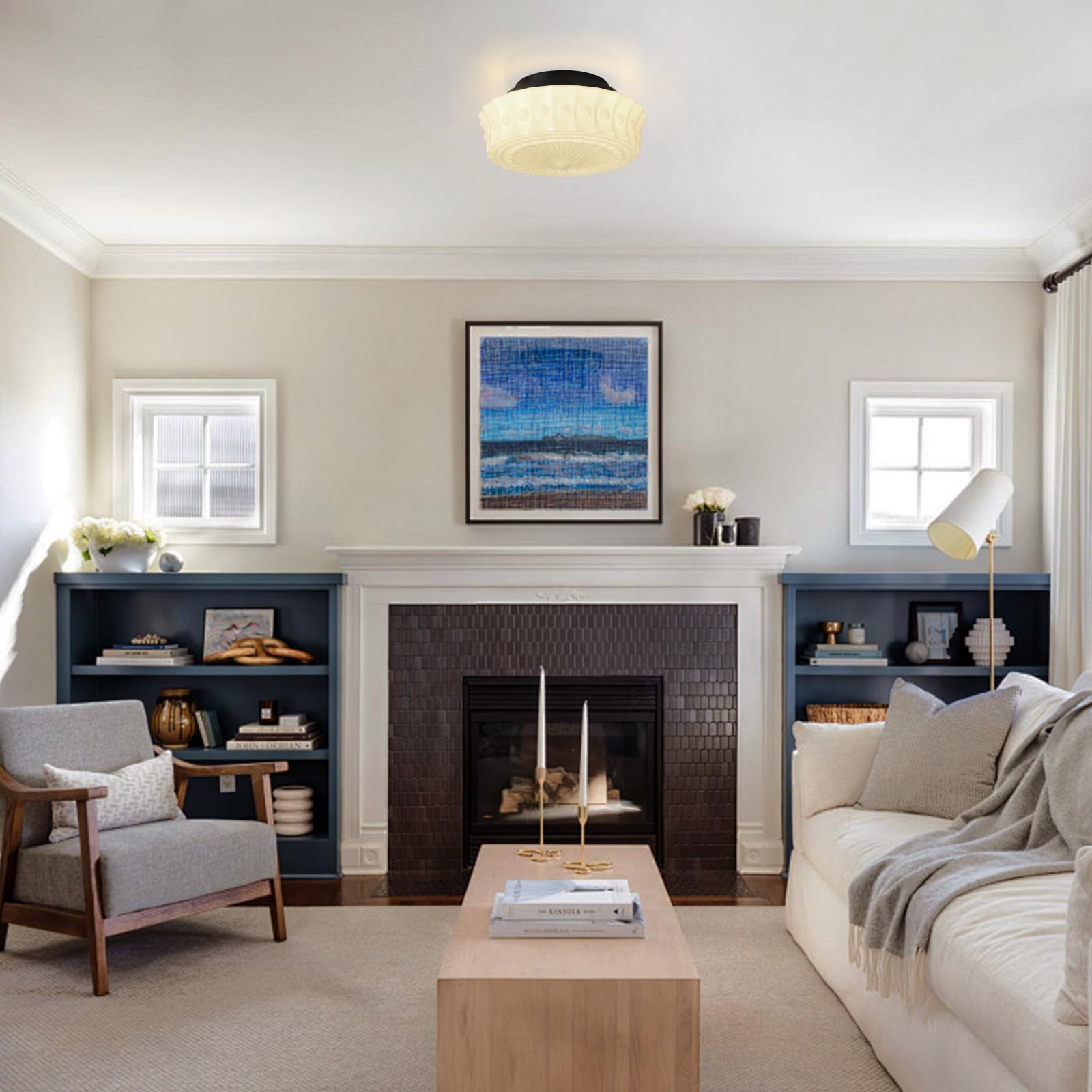 Clarsyne White Milk Glass Ceiling Light Fixture, 13.8'' Flush Mount Lighting For Bedroom, Hallway, Kitchen & Dining Room, Vintag