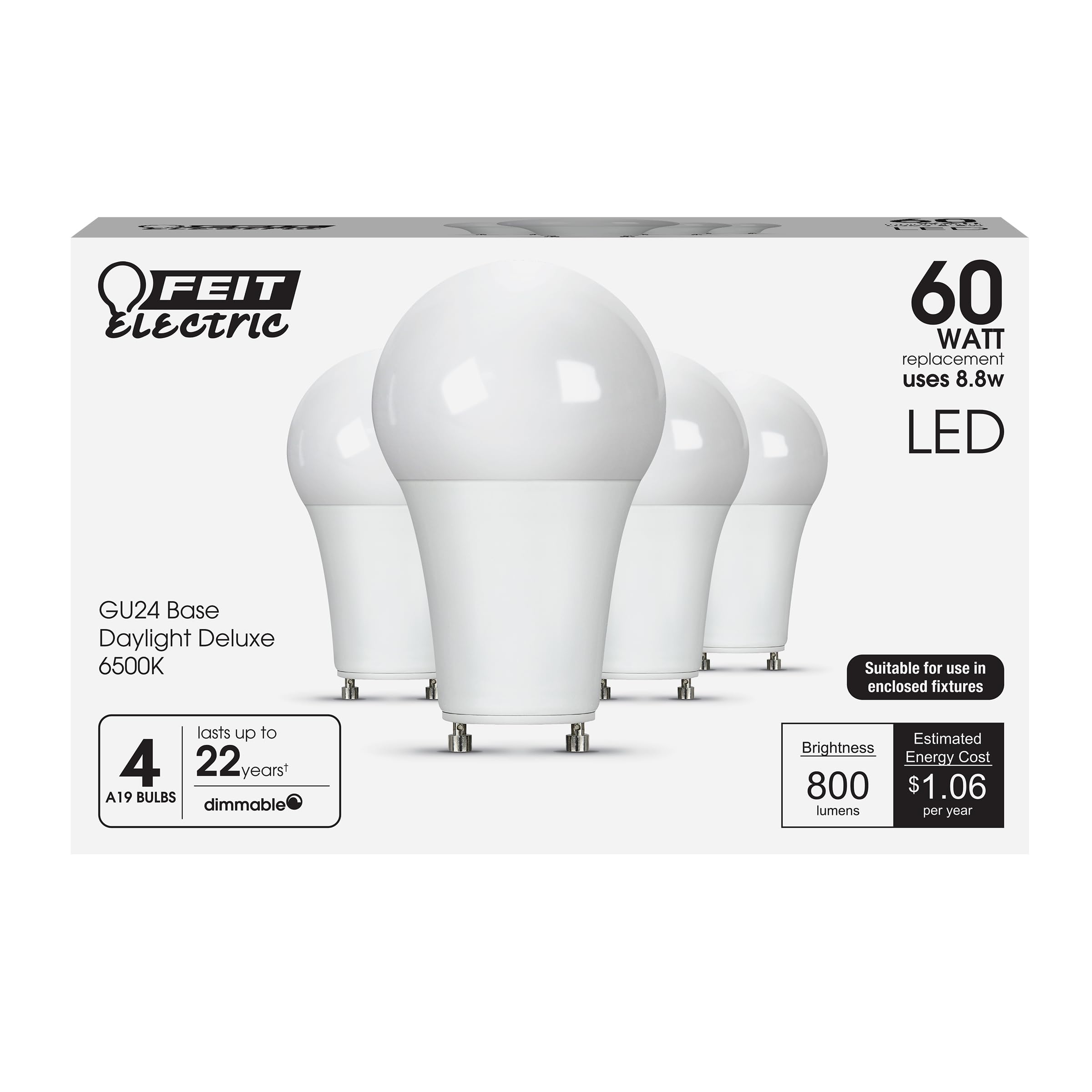 Feit Electric A19 LED Light Bulbs, 60W Equivalent, GU24 Twist-Lock Base, Dimmable, 6500K Bright White, 800 Lumens, 90+ CRI, Encl
