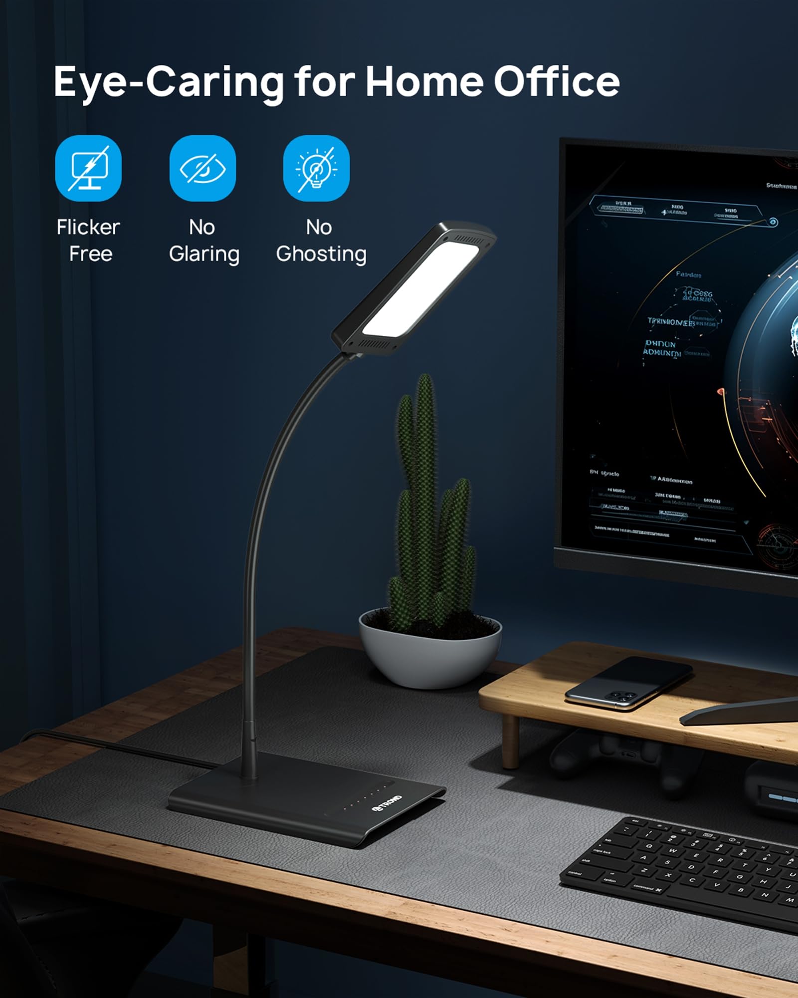 TROND Desk Lamp - Bright Dimmable Eye-Caring LED Light, 7 Brightness Levels, 3 Color Modes, Black, Flexible Gooseneck, Model Halo 10W