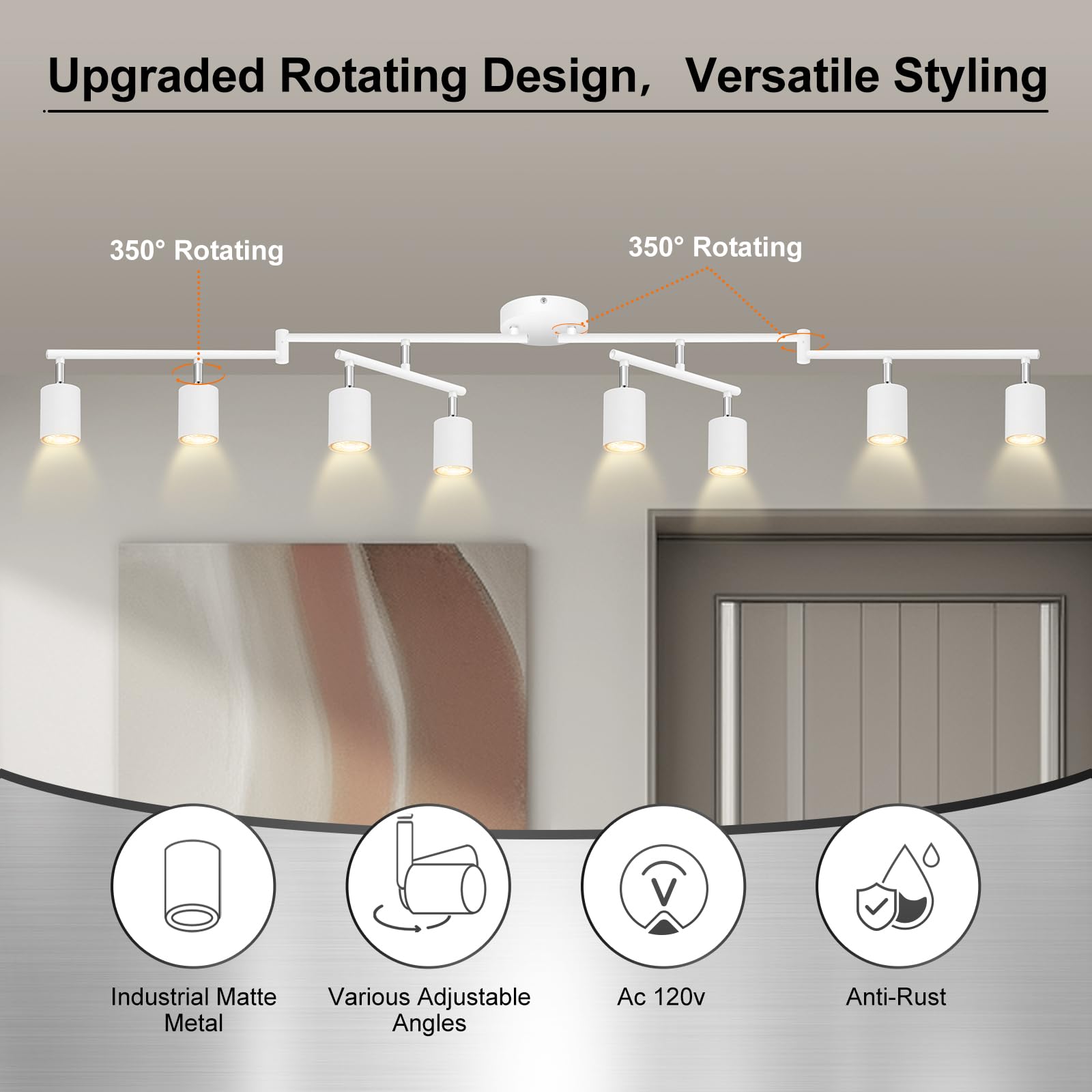 AUQUEE 8 Light Track Lighting Fixtures, Matte White, Rotatable LED Heads, Model AQC0682US, Adjustable for Kitchen/Hallway