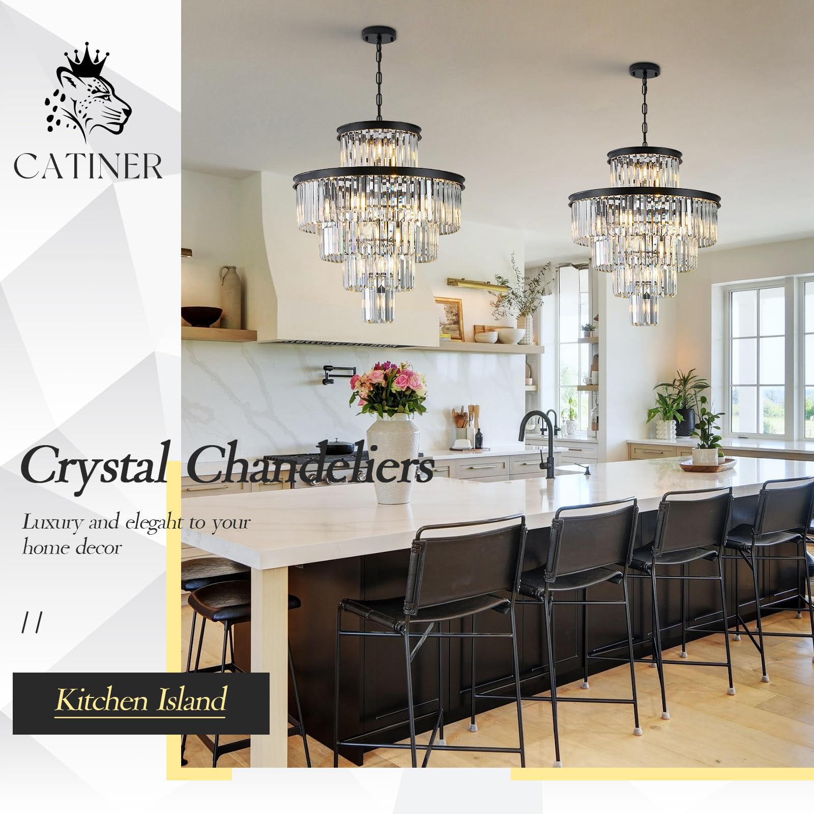 CATINER 24" Modern Crystal Chandelier, 15 Lights Black Pendant, Luxury 5-Tier K9 Crystals for Dining Room, Living Room, Foyer, Kitchen