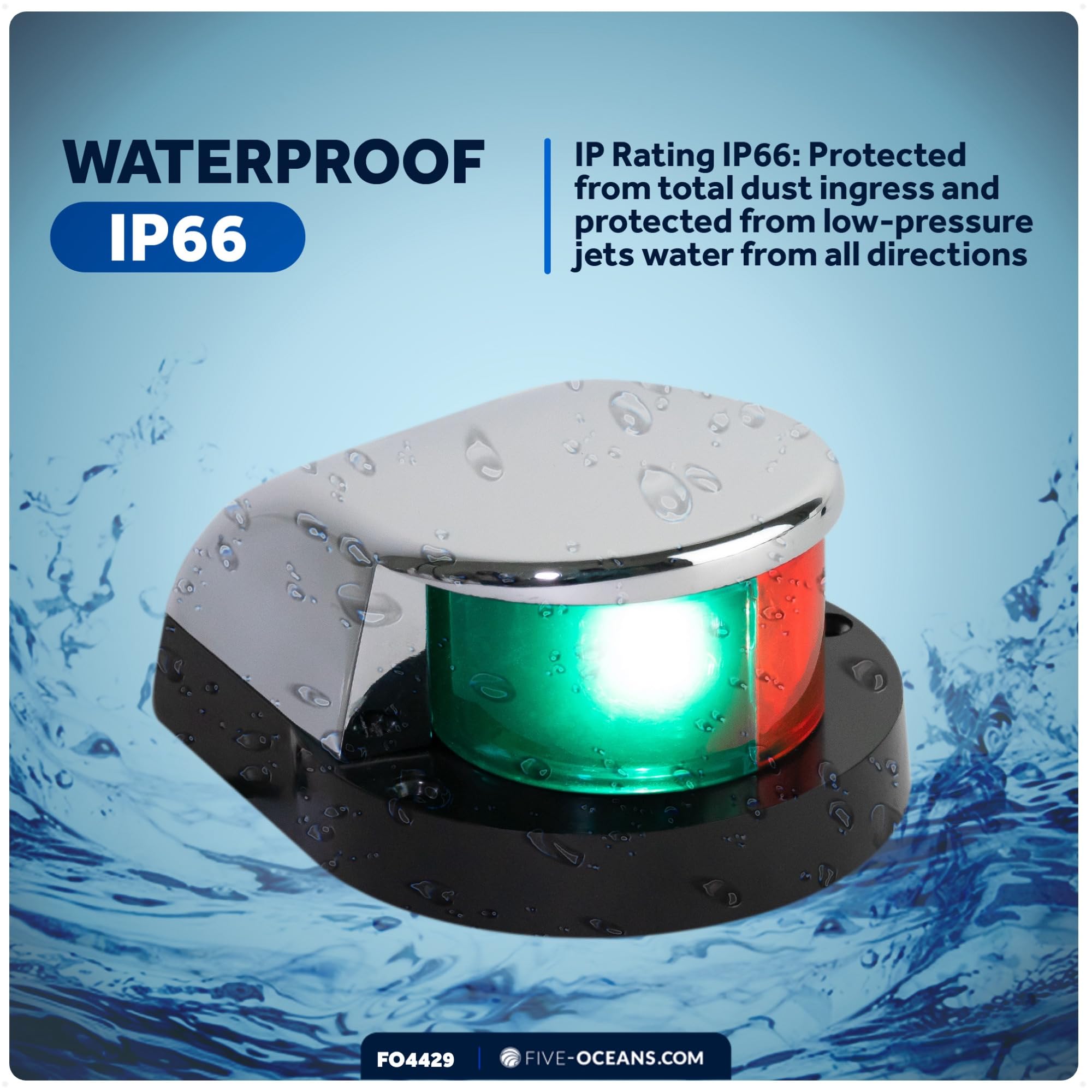 Five Oceans LED Boat Navigation Lights - Red & Green Bi-Color Bow Light, Horizontal Mount, 12V, Model FO4429, Black and Chrome Plated