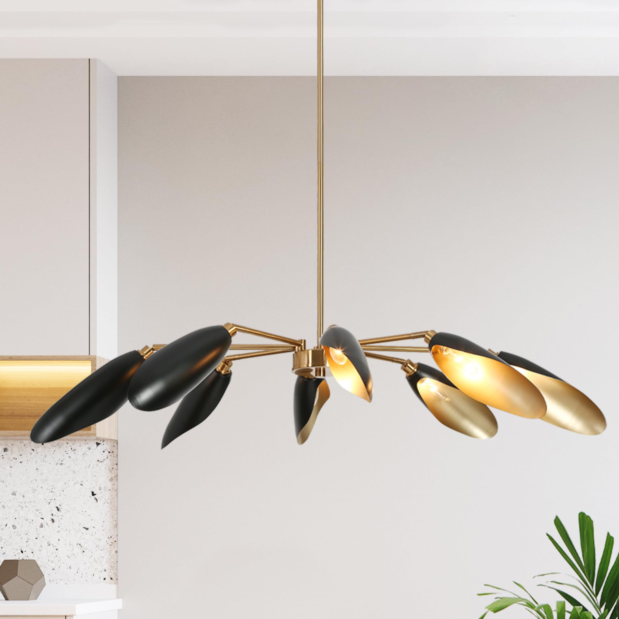 KSANA 47.2 Large Black and Gold Chandelier, Mid-Century Modern 8-Light Sputnik Chandelier Ceiling Pendant Light Fixtures Industr