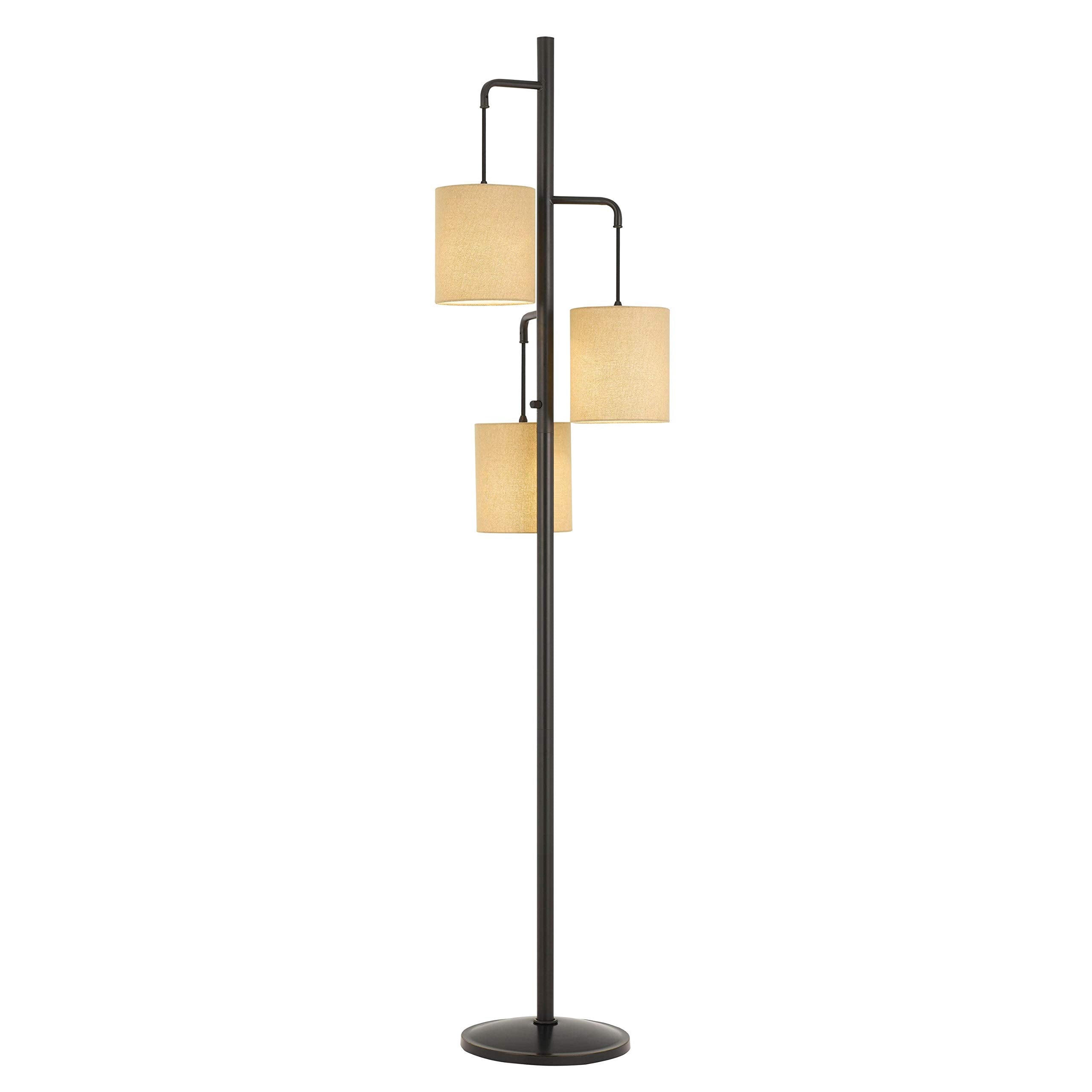 Benzara 3 Light Metal Floor Lamp, Lantern Design, Fabric Shades, Black & Beige, Model BM227286