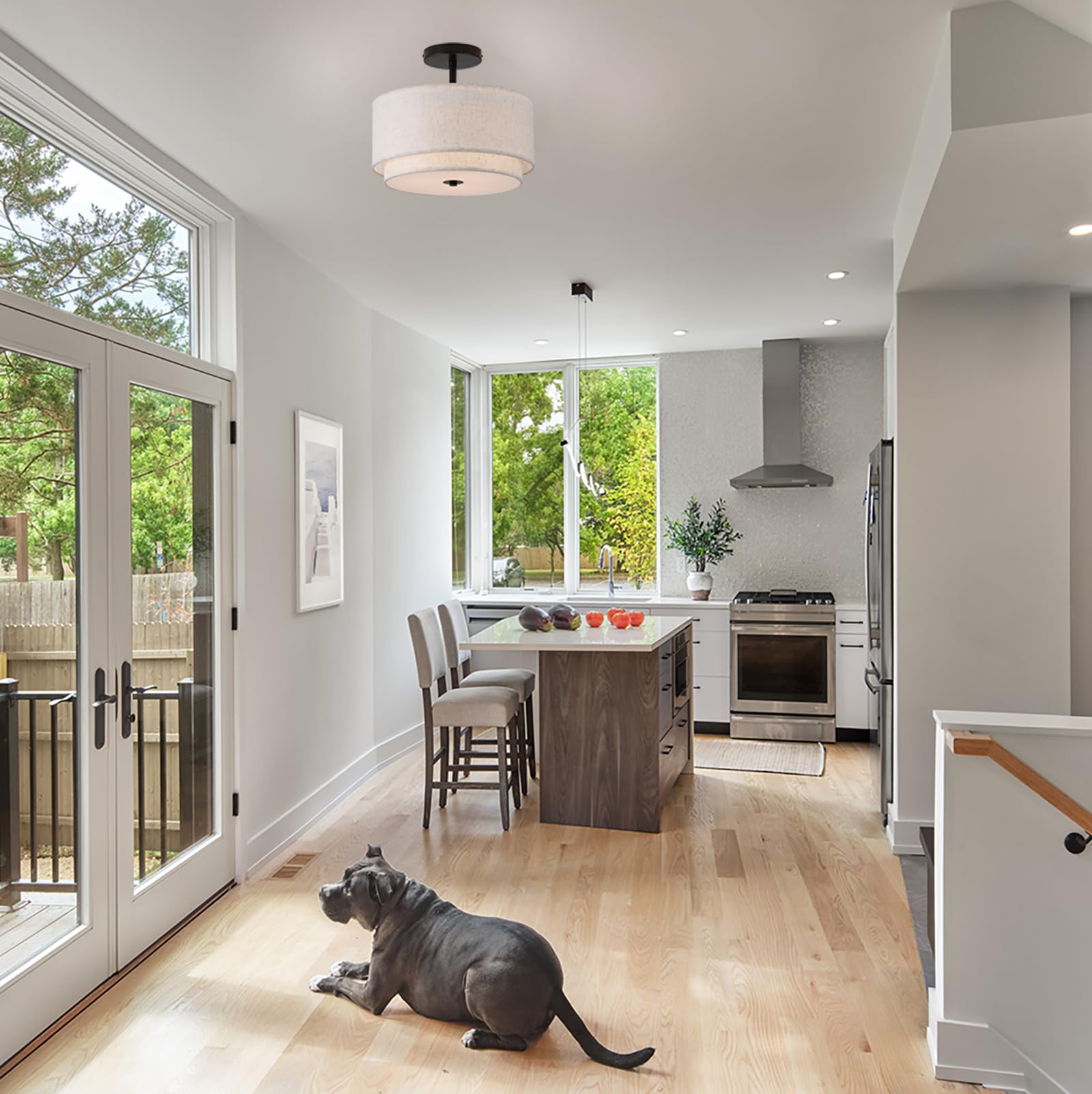 Vexagyle 12.6Inch Flush Mount Ceiling Light Fixture,3-Light Modern Close To Ceiling Light With 2-Layer Linen Fabric Shade,Farmho