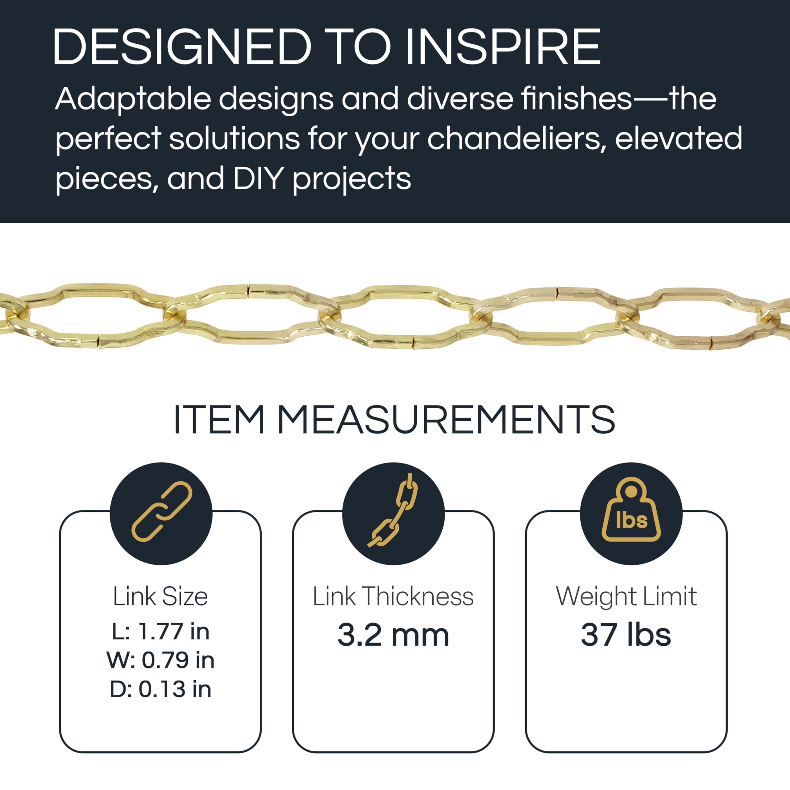 Rch Hardware Ch-S57-33-Pb-3 | 9 Gauge Decorative Solid Steel Motif Link Fixture Chain | 3 Foot Increments |Polished Brass Finish