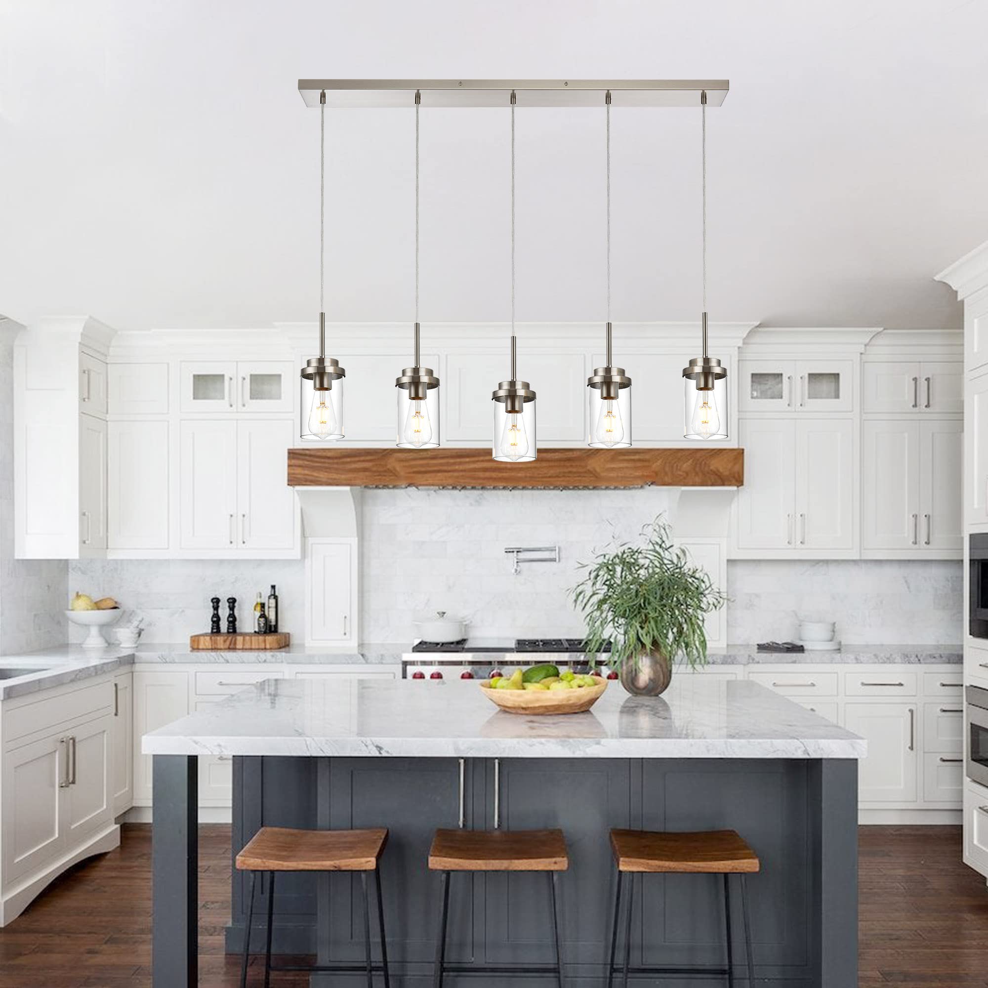 MELUCEE Modern Linear Pendant Light - 5 Lights, Brushed Nickel, Clear Glass Shade, 40.1" for Kitchen Island or Dining Room