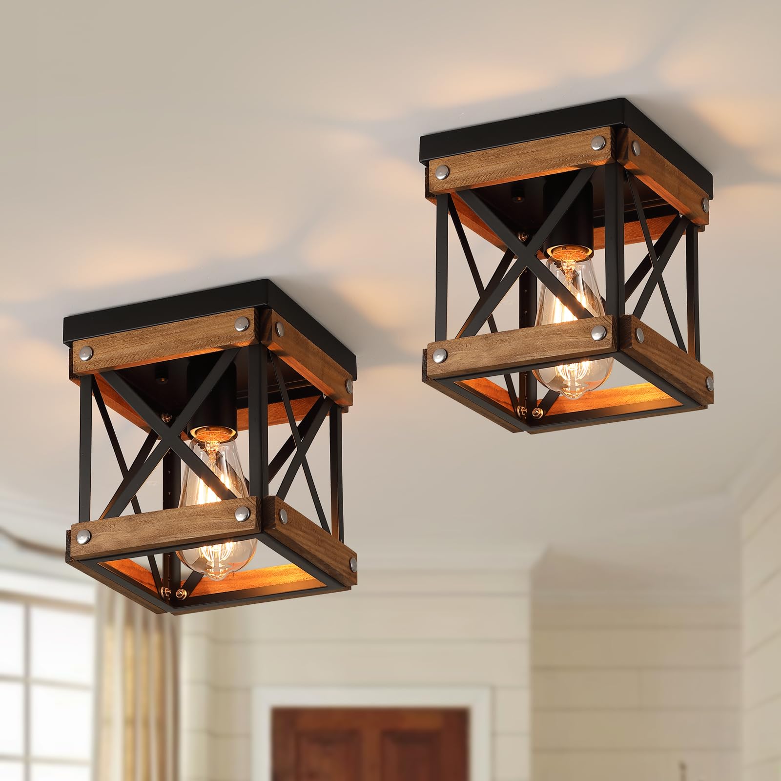 2 Pack Rustic Farmhouse Wood Flush Mount Ceiling Light Fixture Oak Wood And Metal Square Cage Small Semi Flush Mount Ceiling Lig
