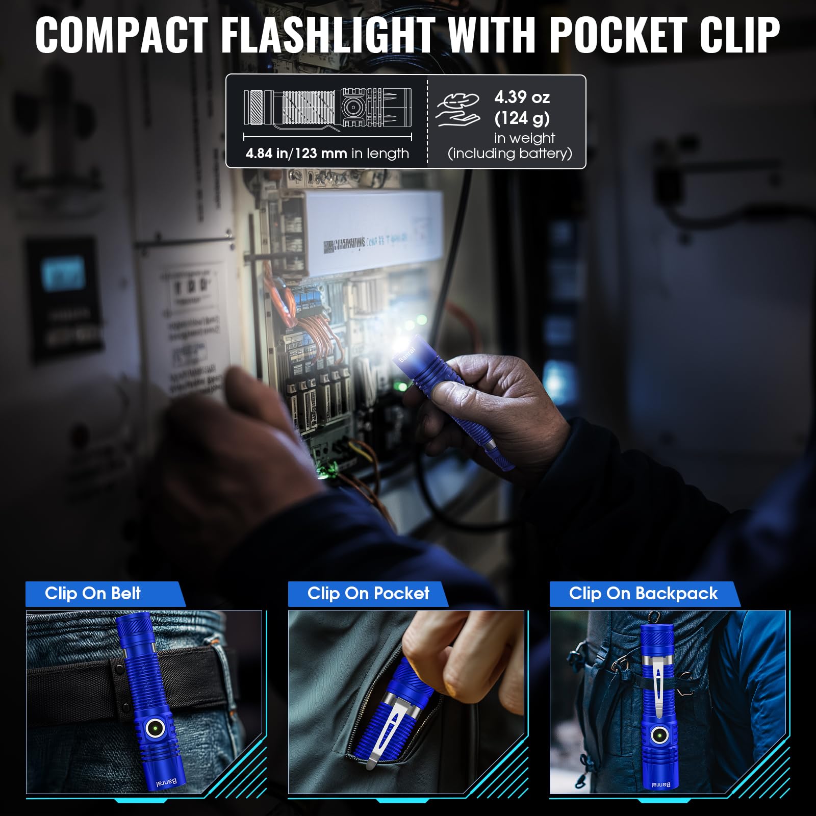 Banral Rechargeable Tactical Flashlight - 4 Modes, USB-C, Waterproof, Mini EDC, Blue, Model K518