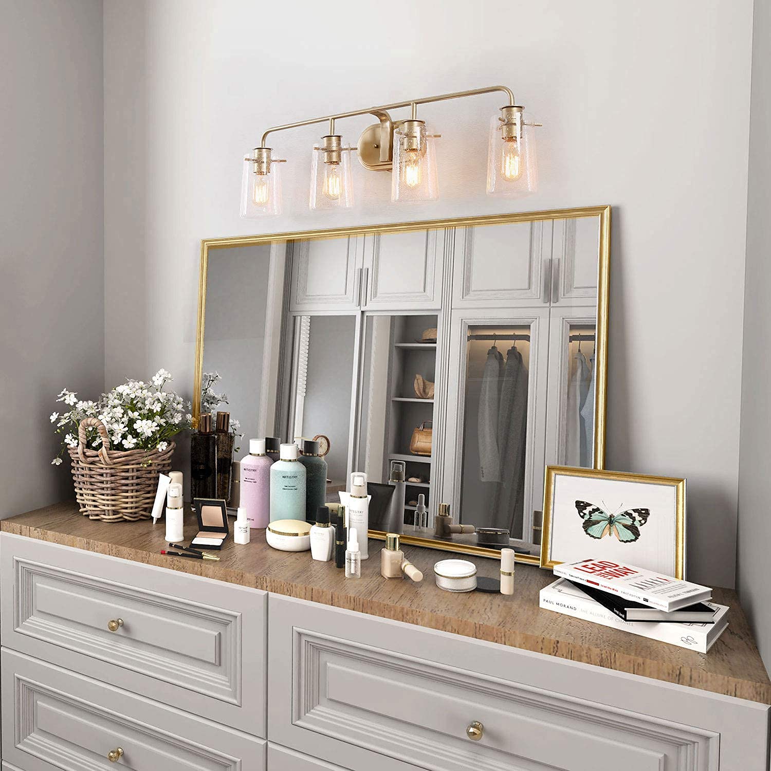 KSANA Bathroom Vanity Light 4-Light Modern Gold Fixtures with Seeded Glass Shade, 31in  Soft Gold Finish