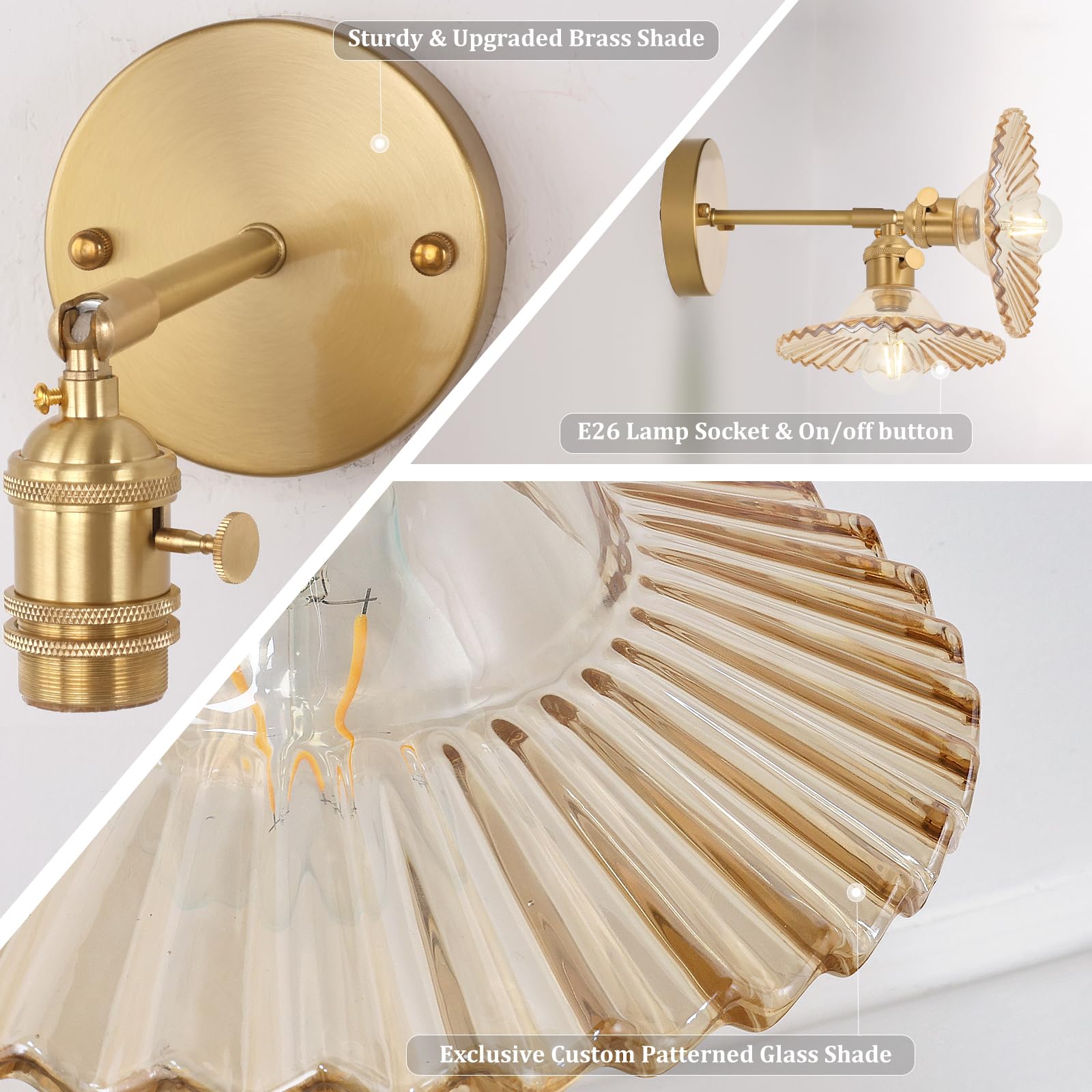 Shenmoyl Vintage Wall Sconce - Adjustable Brass Fixture with Amber Glass Lampshade, Short Size for Bedroom or Doorway
