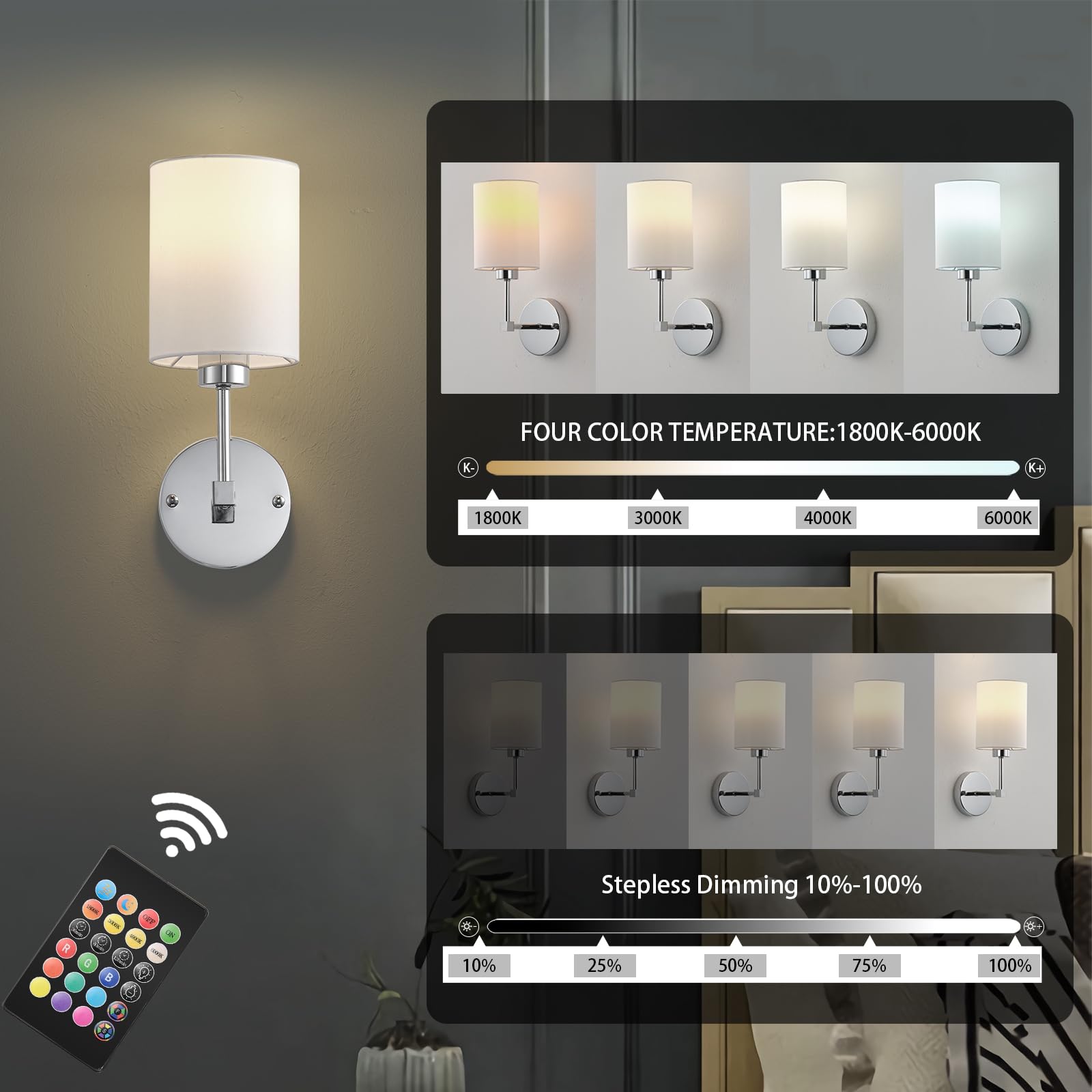 KARTOOSH Battery Operated Wall Sconce Set of Two, Wireless Rechargeable, Dimmable, 13.5 Inch, Chrome, Model ZM213BCM35-N1