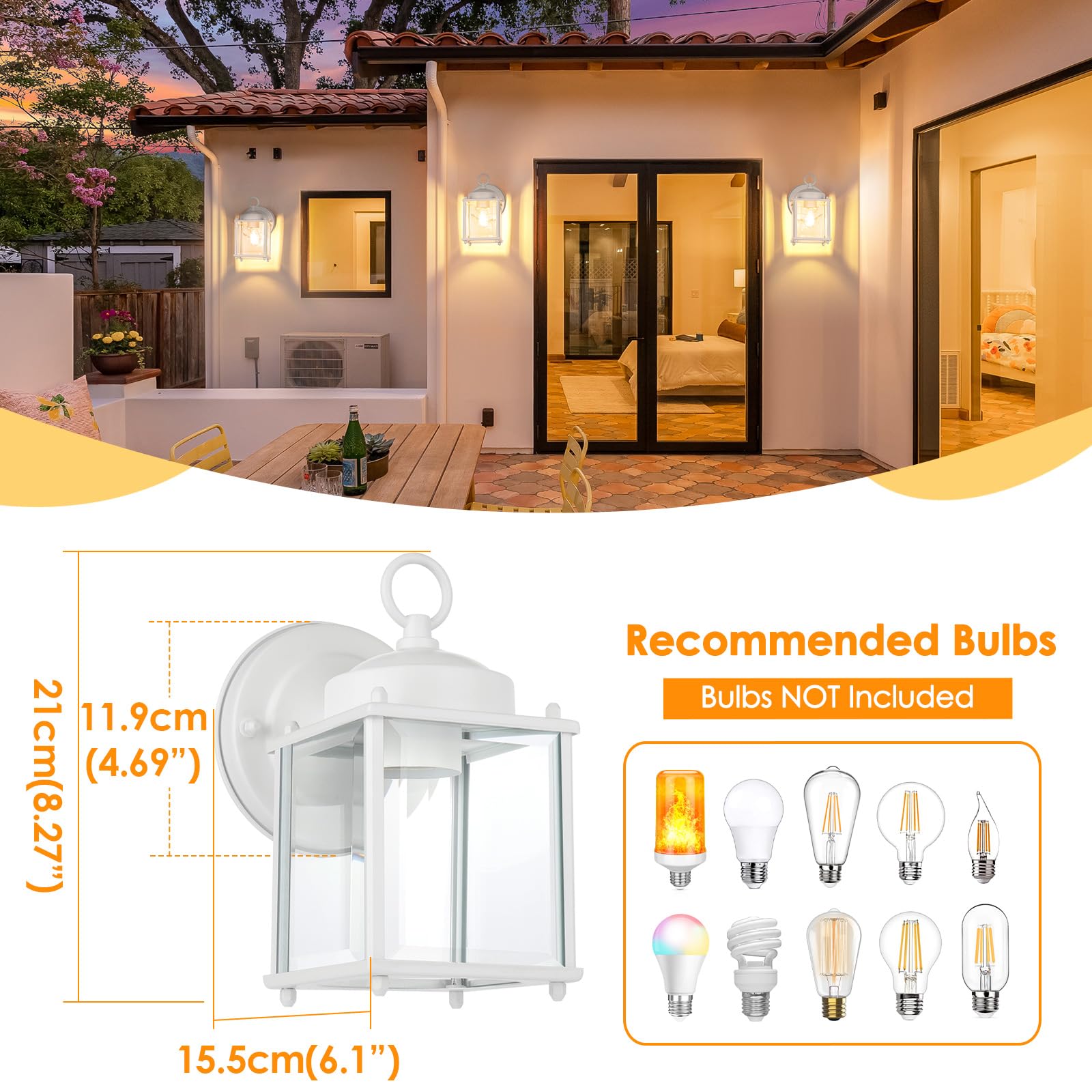 Matameye Outdoor Wall Lantern, Exterior White Waterproof Wall Sconce Lighting Fixtures, Front Door Wall Lights With Clear Bevele