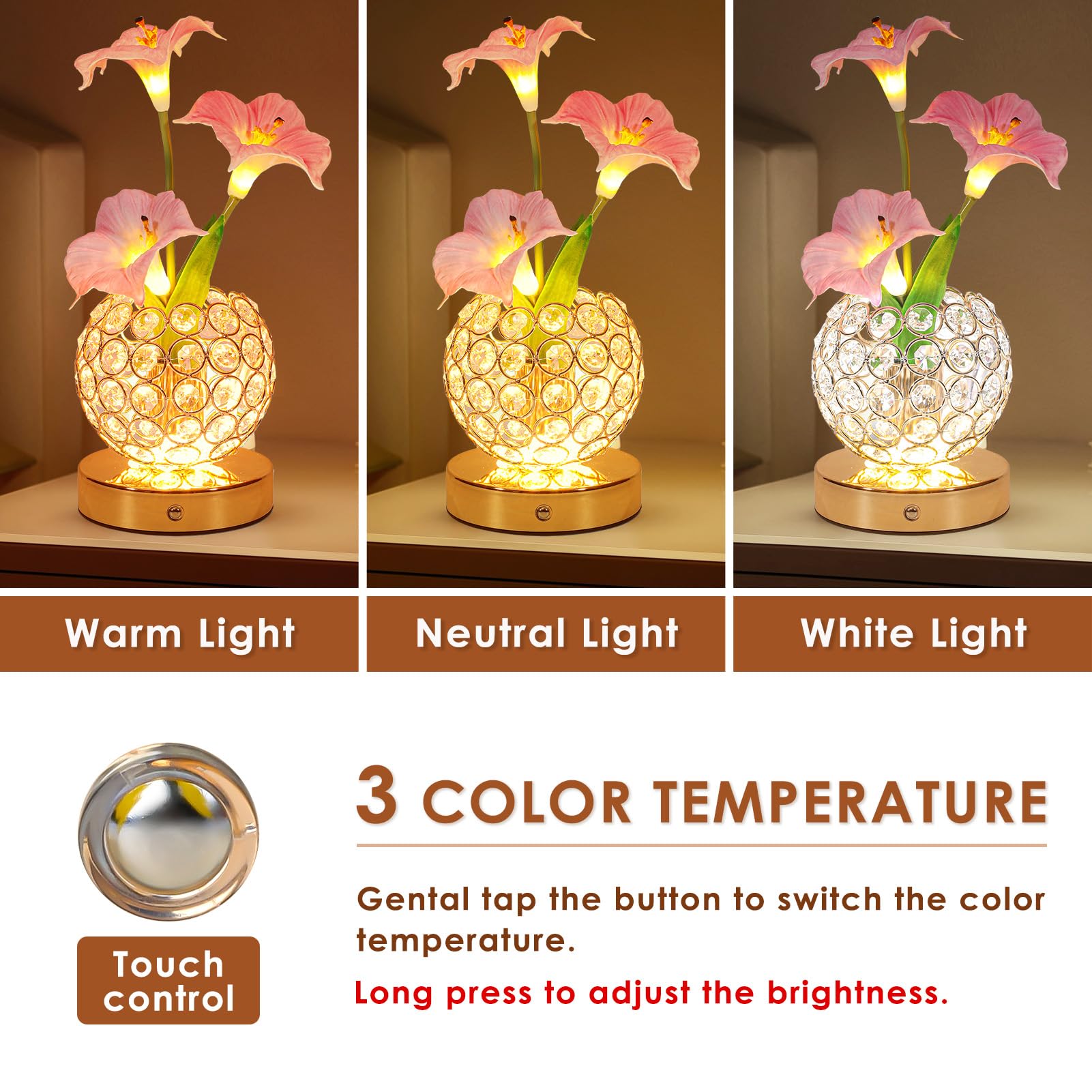 Pink Morning Glory Flowers Table Lamp, Rechargeable Cordless Touch Artificial Flower Crystal Lamp, Kitchen Bedroom Office Decor