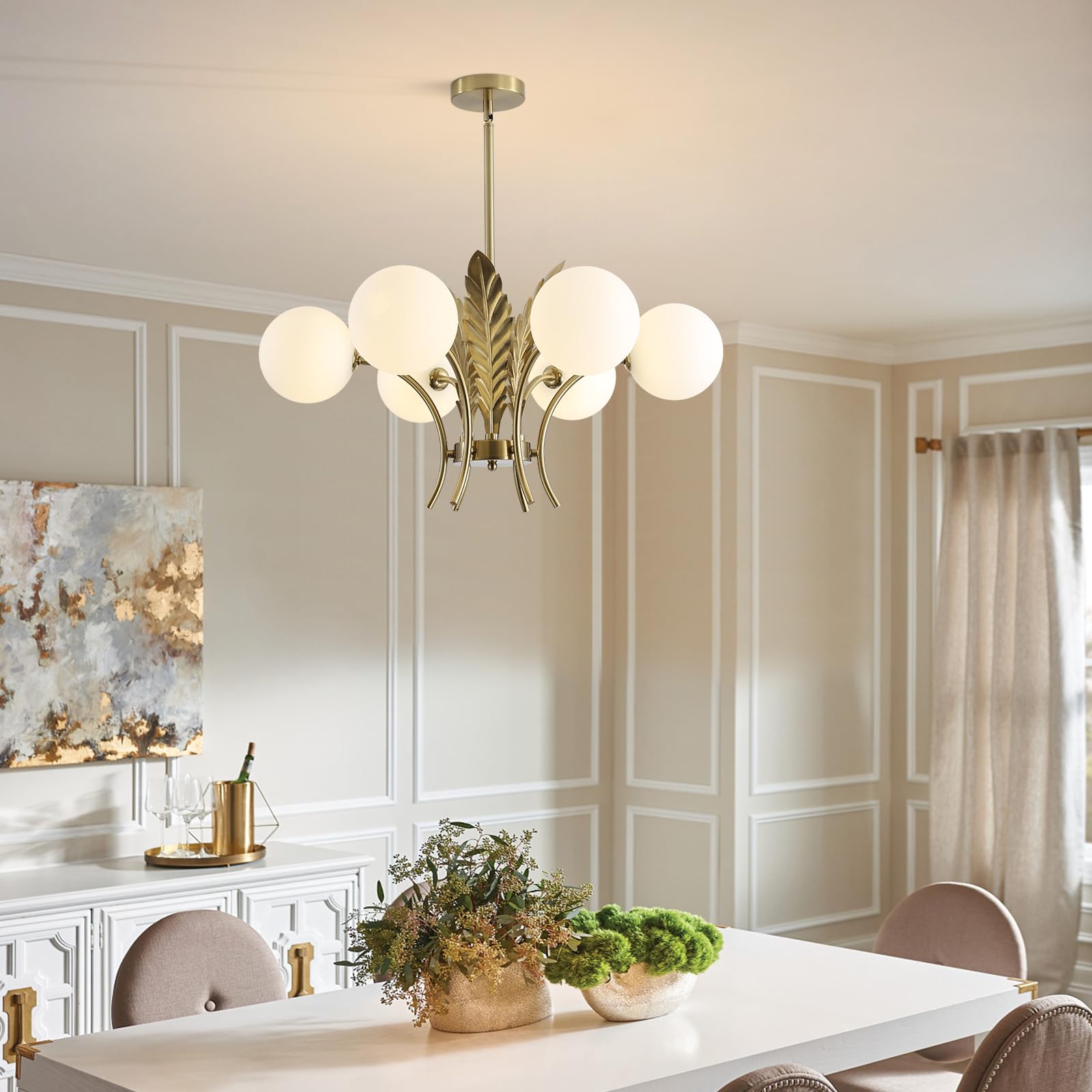 BOKT Mid Century 6-Light Milk Glass Chandelier, Gold G9 Pendant Light for Dining Room, Adjustable Flush Mount Fixture, Model BP1128-W