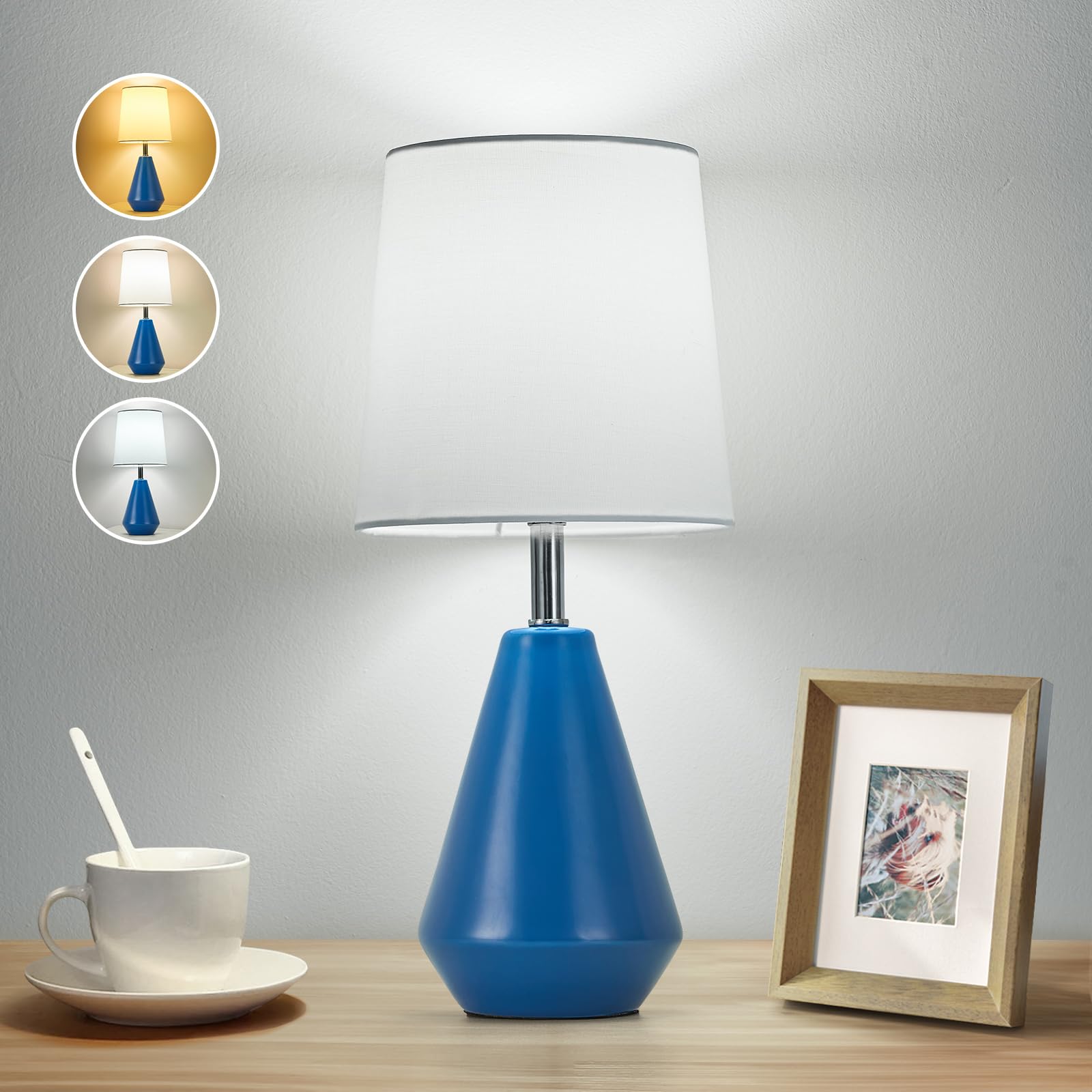 bdayanx Small Bedside Table Lamp for Bedroom - Reading Desk Lamp with 3 Color Temperatures 15.5 Nightstand Ceramic Lamp with Fabric Shade for Kids Room Living Room Dorm Home Office (Blue+White)