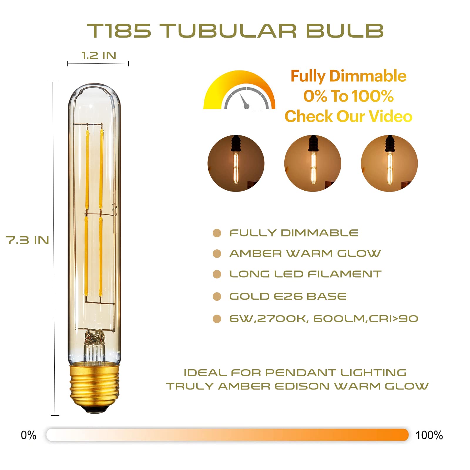 HuNanAoTe si Dimmable LED Tubular Bulb, 6W, Warm White 2700K, E26 Base, Amber, 6 Pack